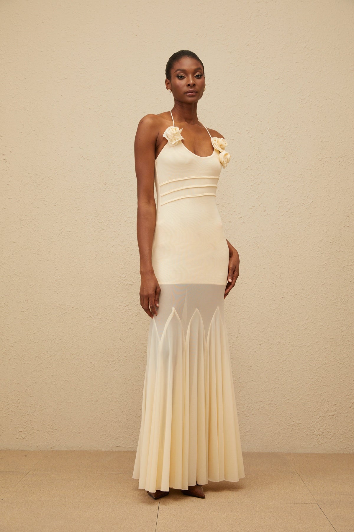 Vague Neutral 3D Petal Mesh Maxi Dress