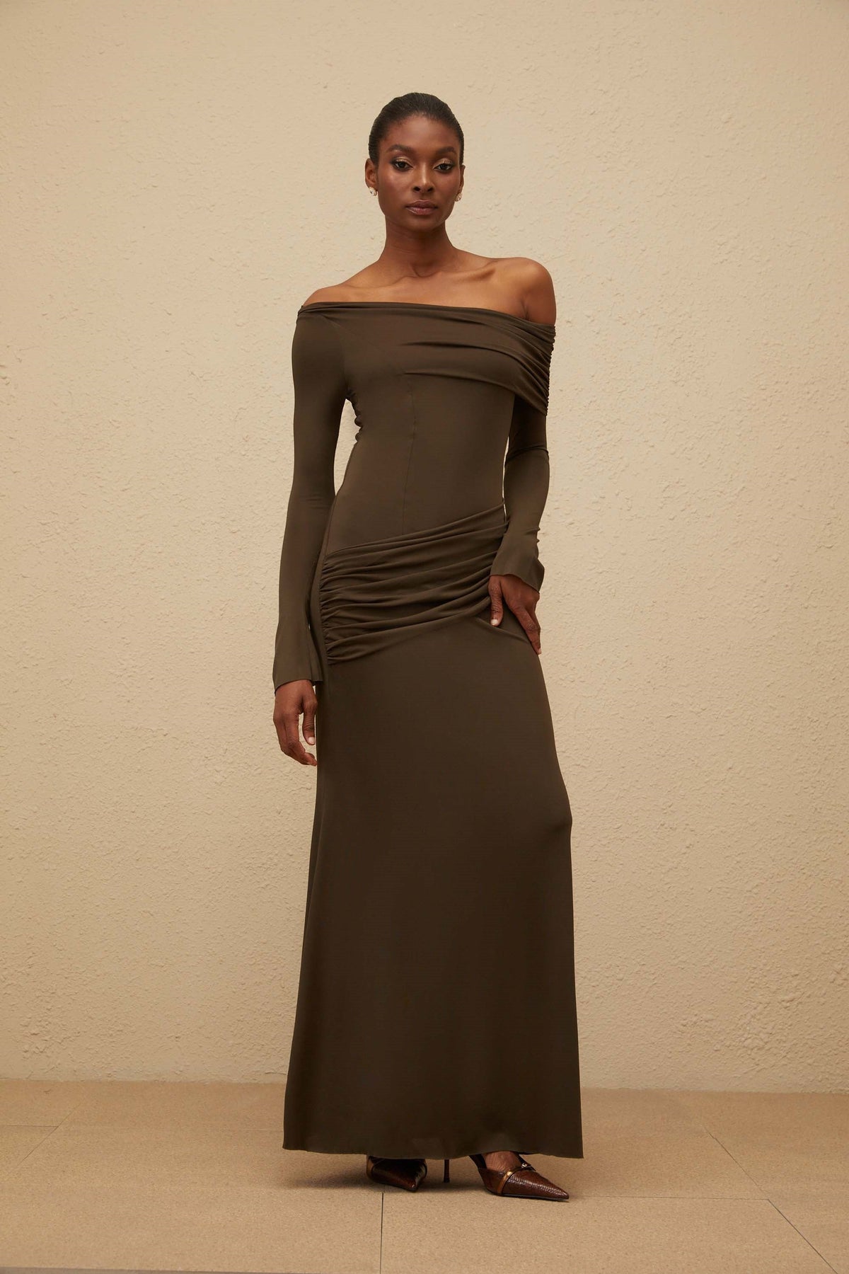 Sensuelle Green One-Shoulder Ruched Maxi Dress