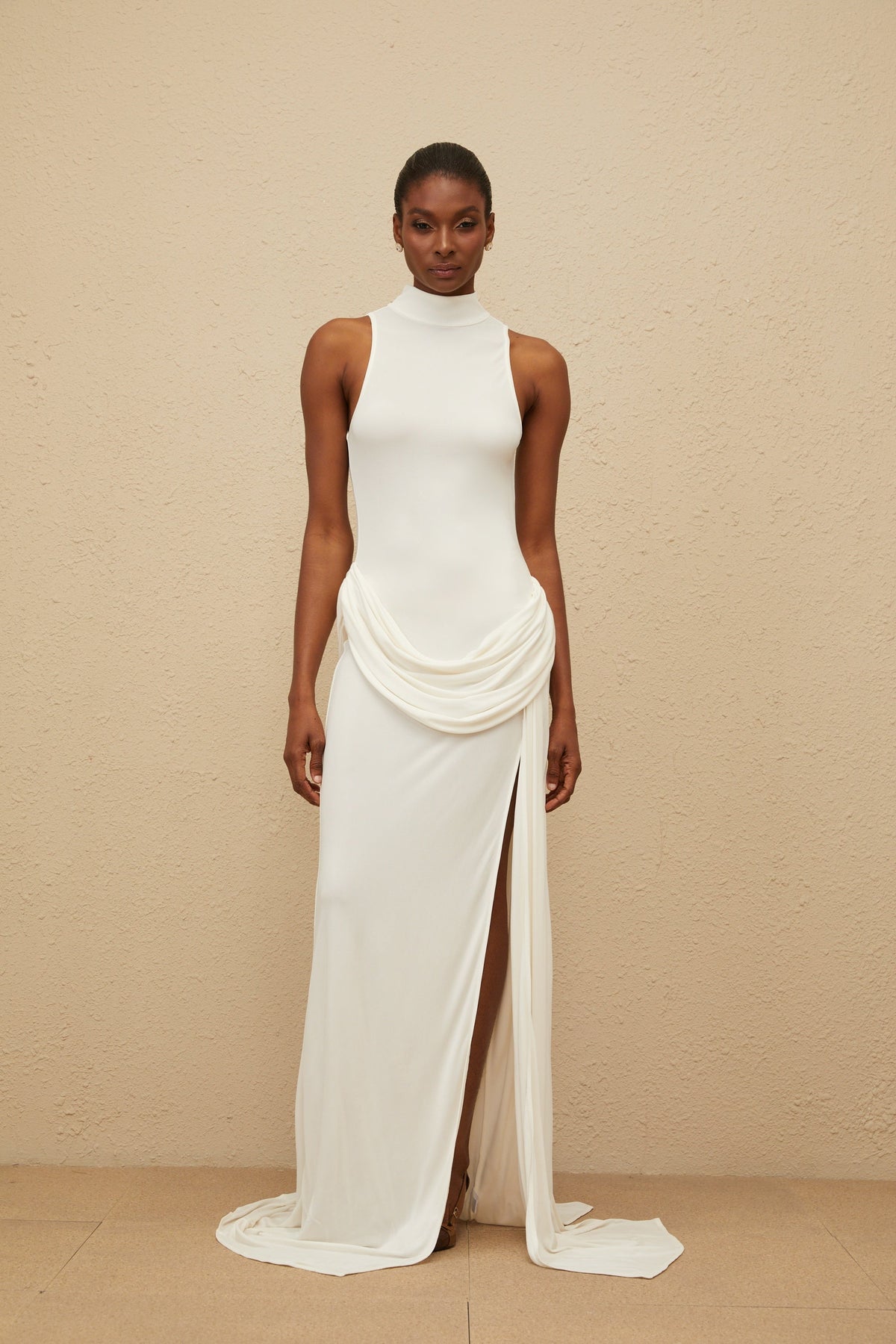 Mystérieuse White Turtleneck Draped Maxi Dress