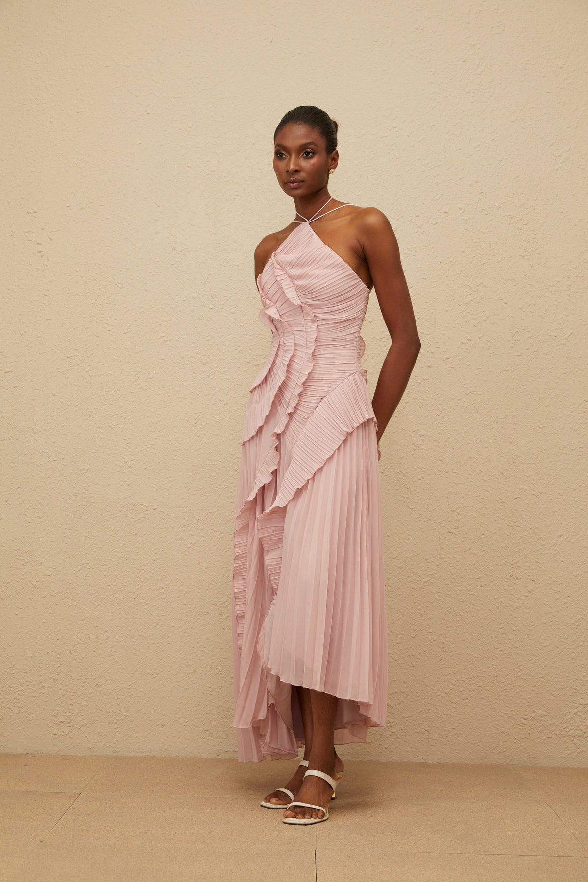 Doux Pink Ruffled Trim Pleated Midi Dress