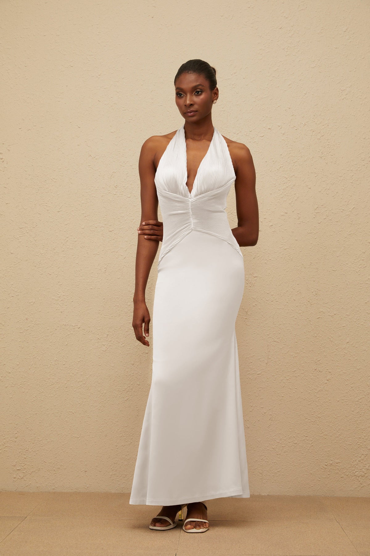 Colette White Halterneck Ruched Satin Gown