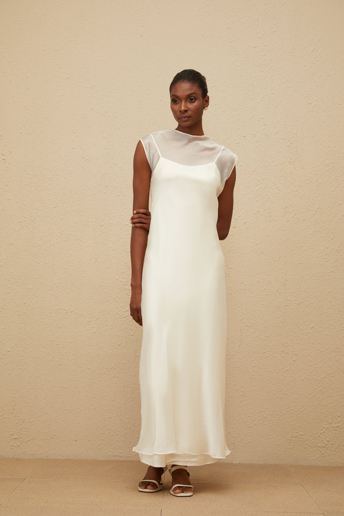 Epurée White Flared Tulle Maxi Dress