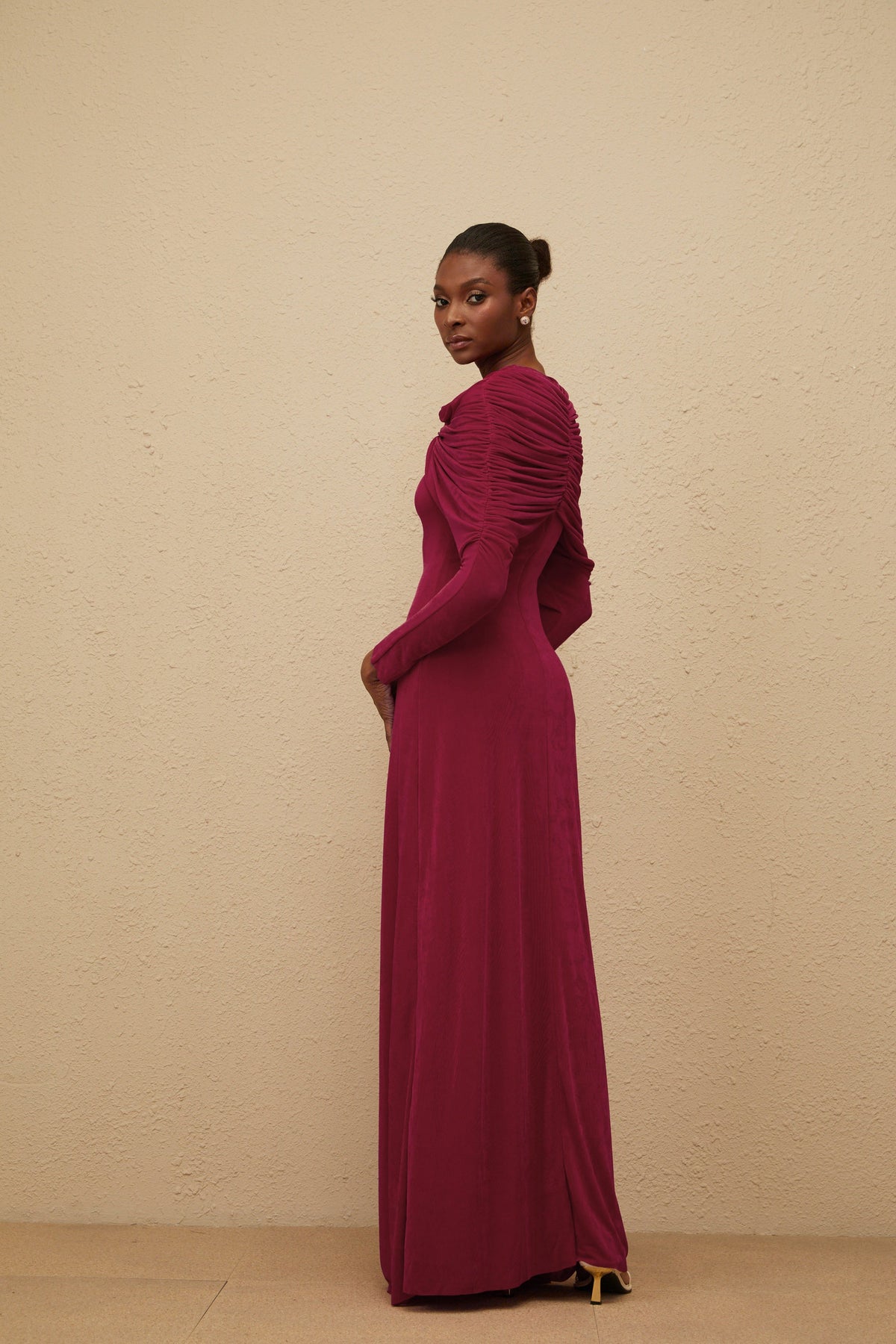 Moderne Red Cape-Design Ruched Maxi Dress (Final Sale)