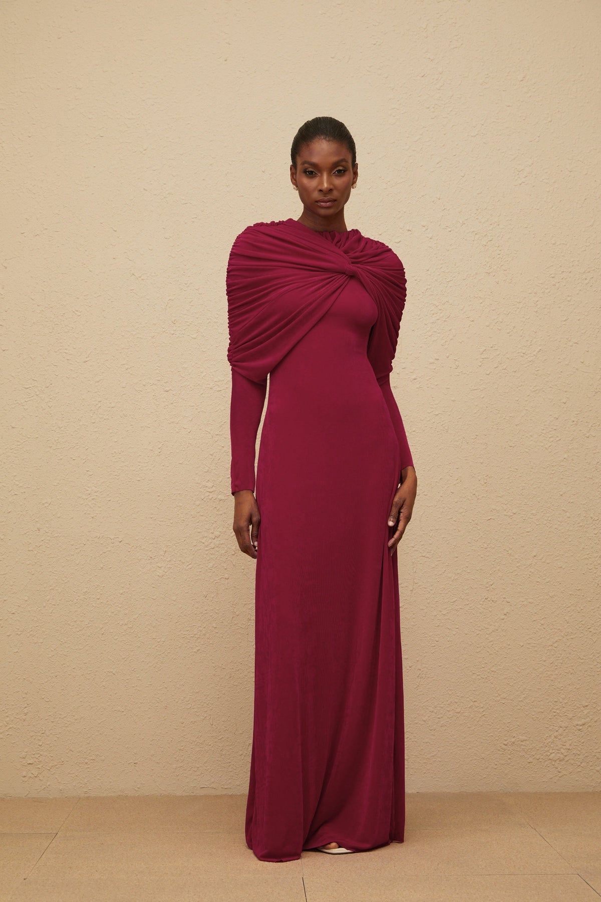 Moderne Red Cape-Design Ruched Maxi Dress (Final Sale)