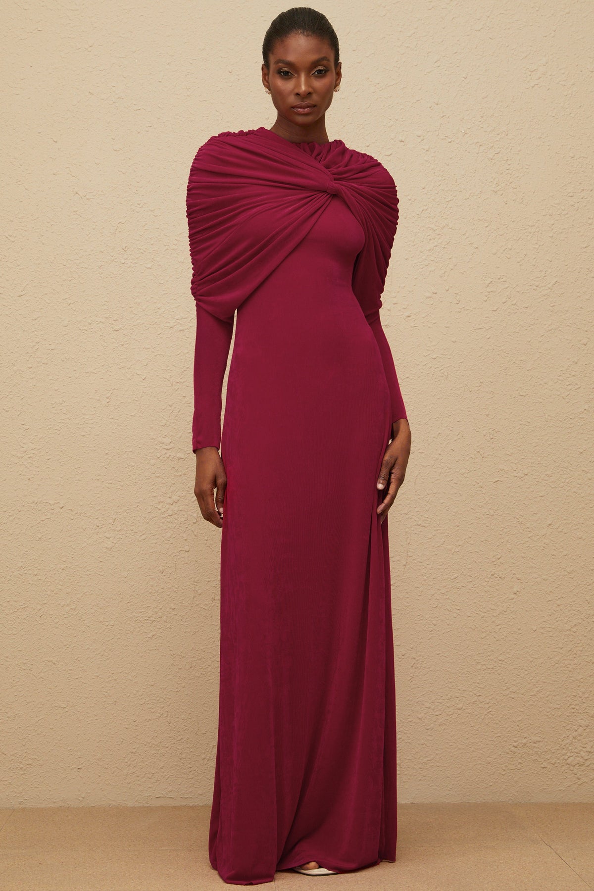 Moderne Red Cape-Design Ruched Maxi Dress (Final Sale)