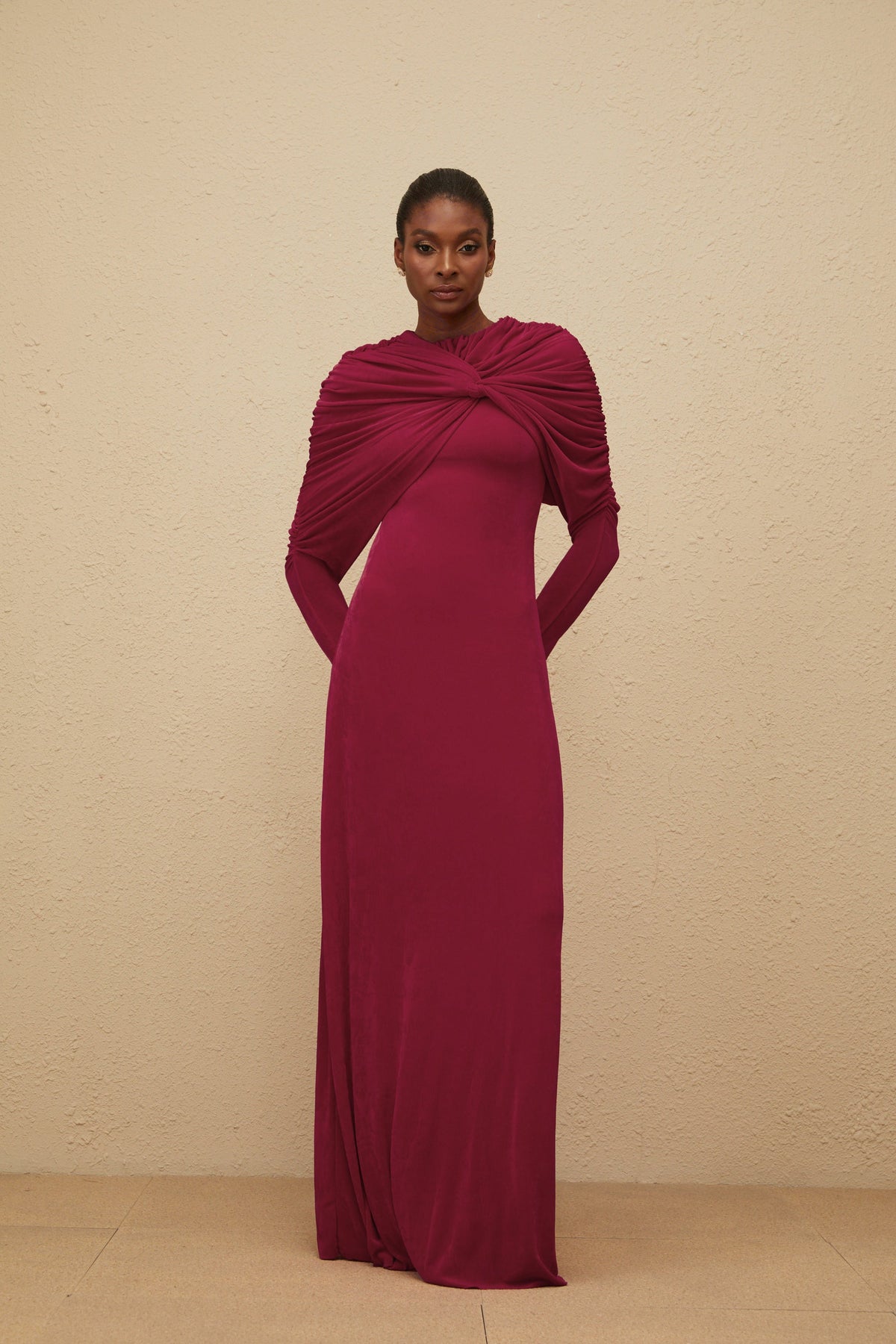 Moderne Red Cape-Design Ruched Maxi Dress (Final Sale)