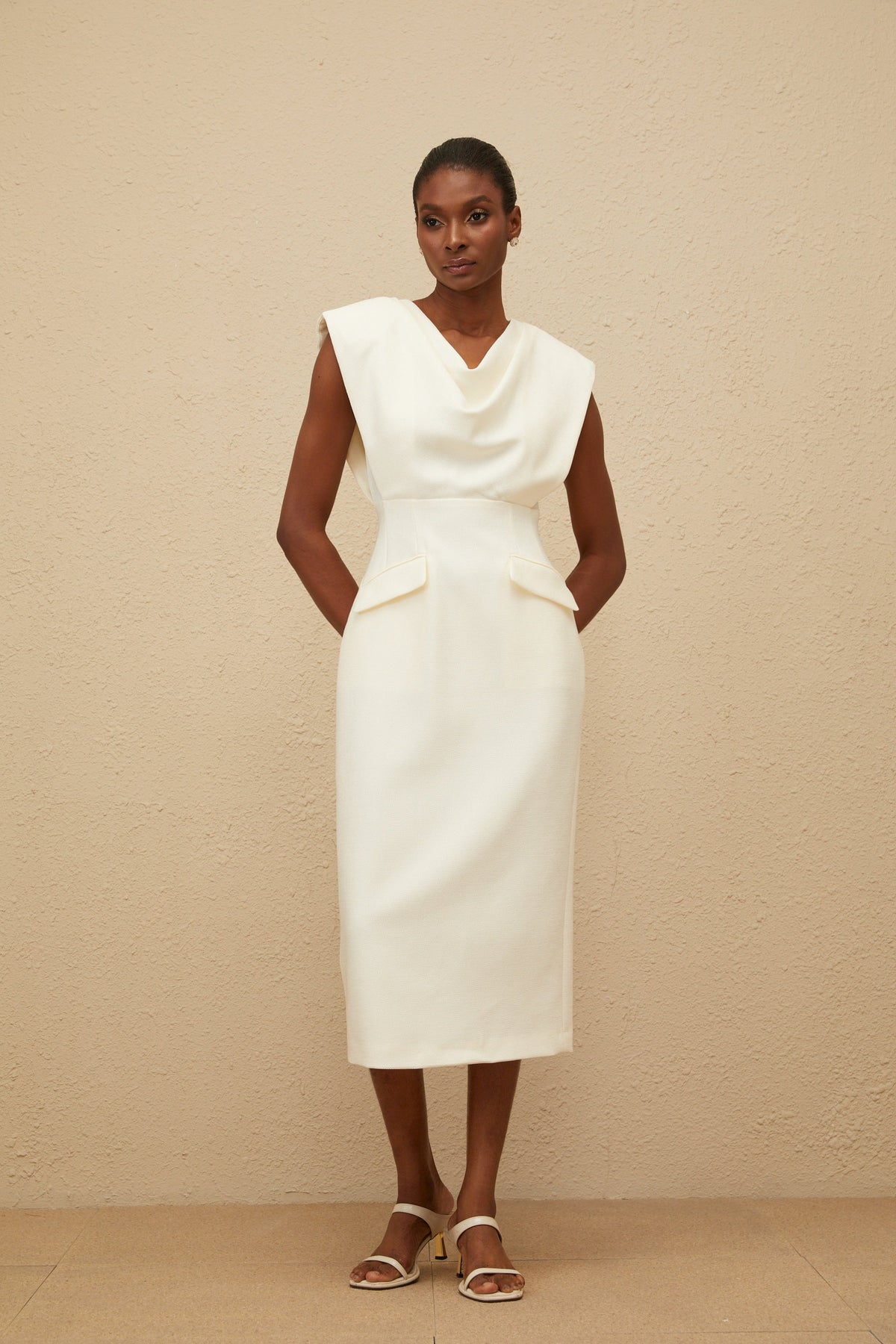 Ondine White Cowl-Neck Pencil Midi Dress