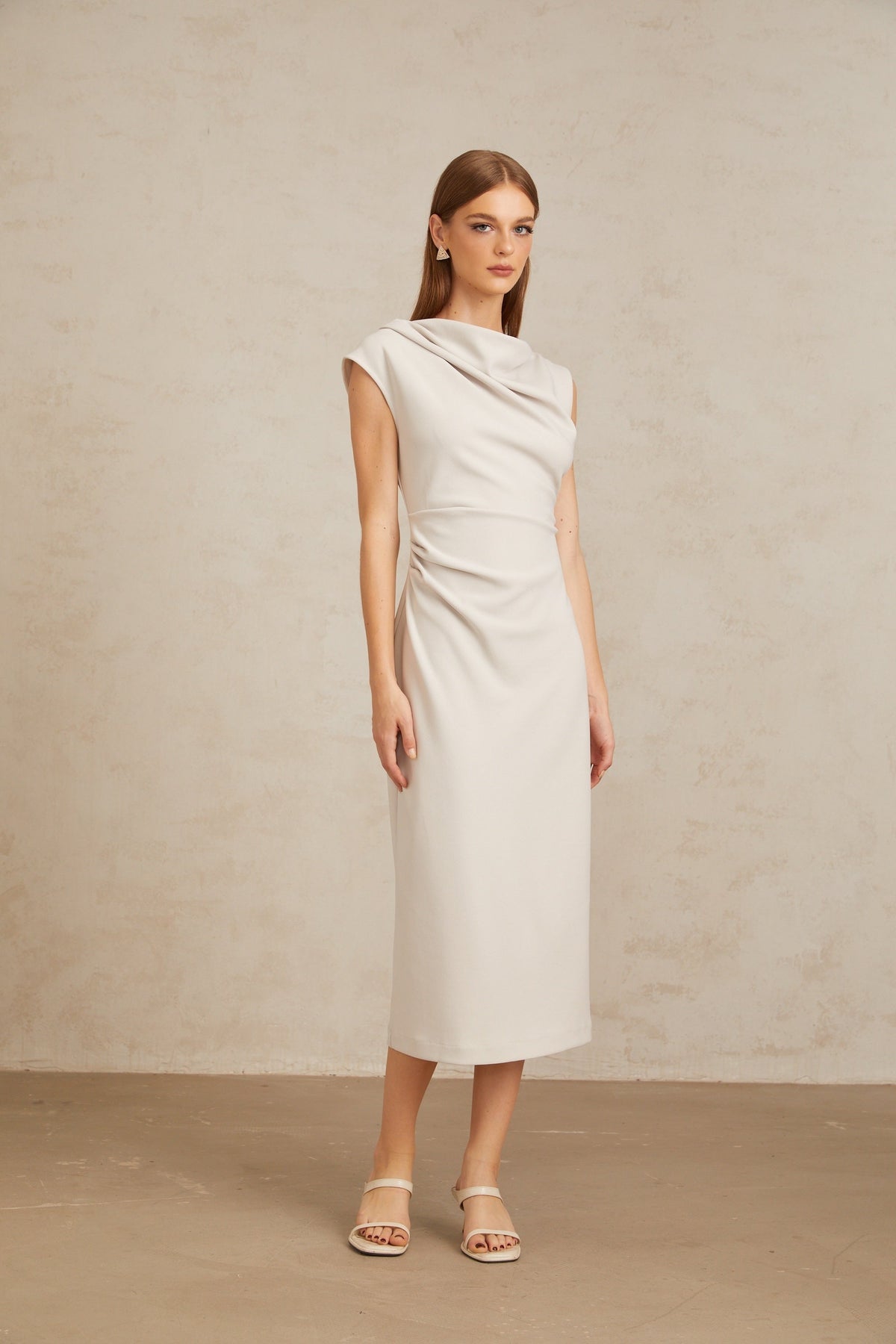 Jeanne Grey Ruched Pencil Midi Dress