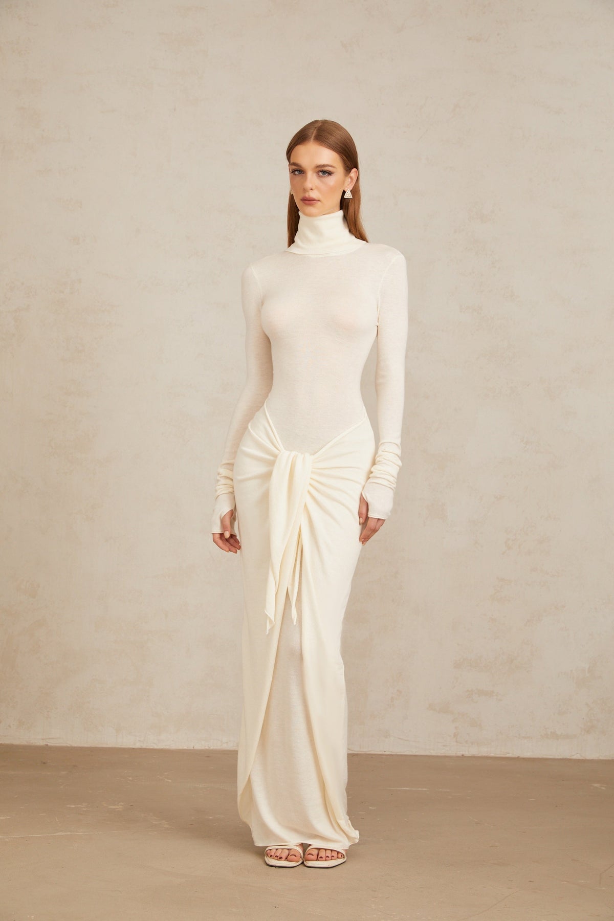 Impériale White Ruched Turtleneck Maxi Dress