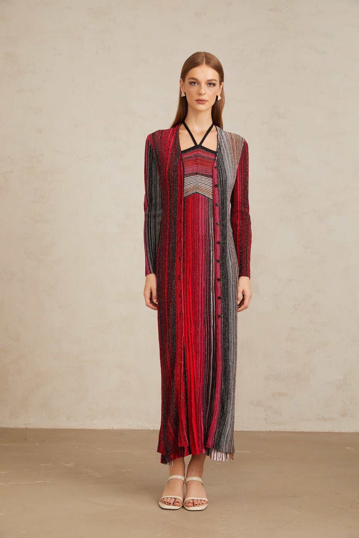 Ulysse Red Metallic Knit Long Cardigan