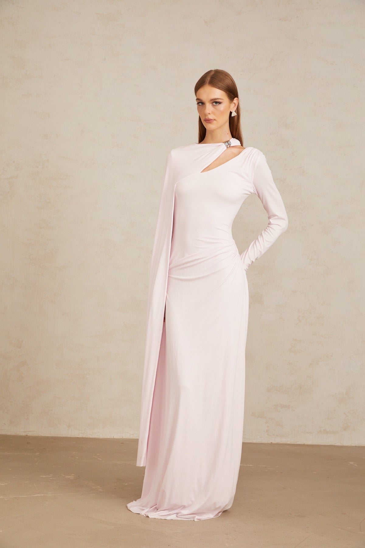 Josette Pink Diagonal Shawl Fitted Maxi Dress