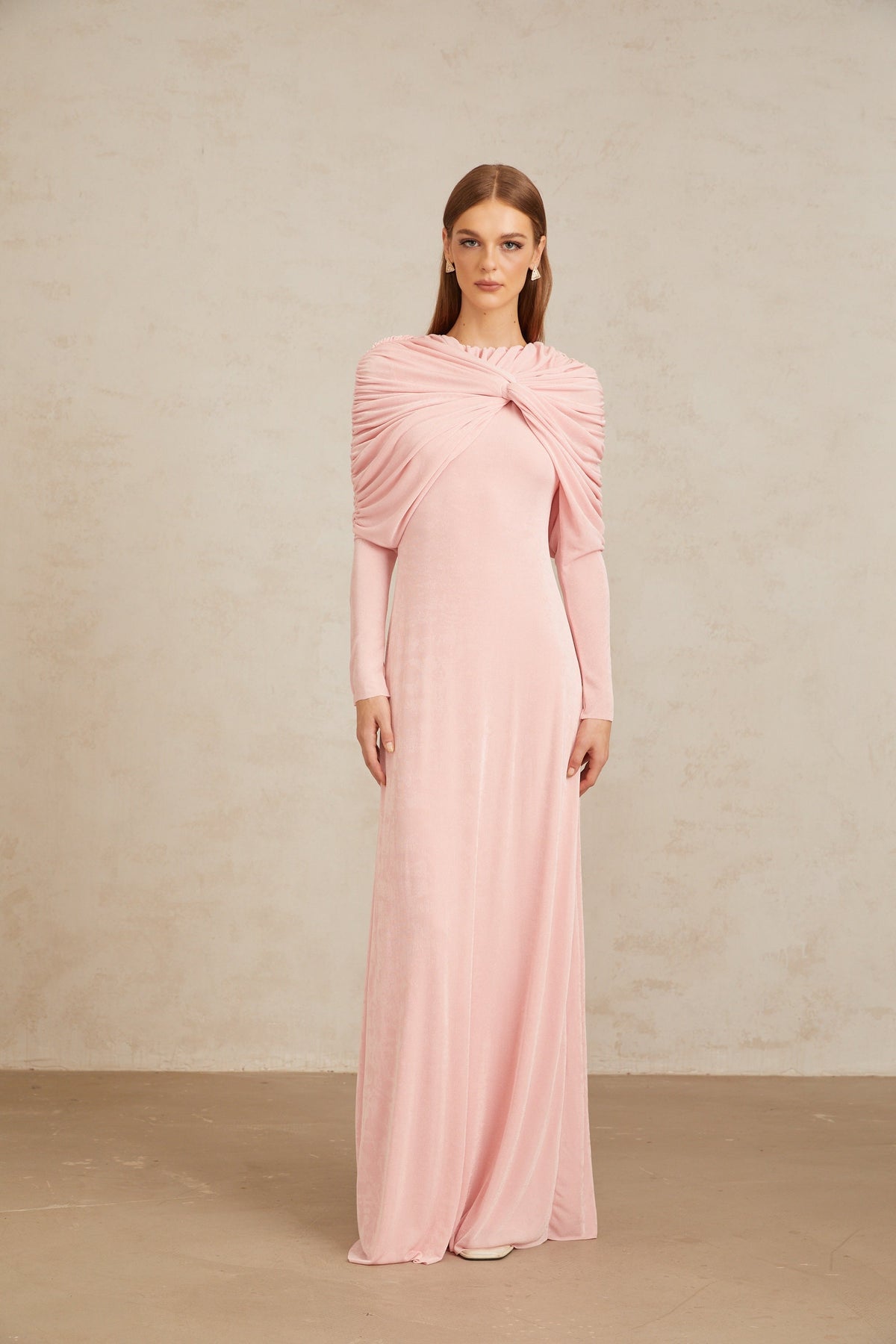 Moderne Pink Shawl Panel Ruched Maxi Dress