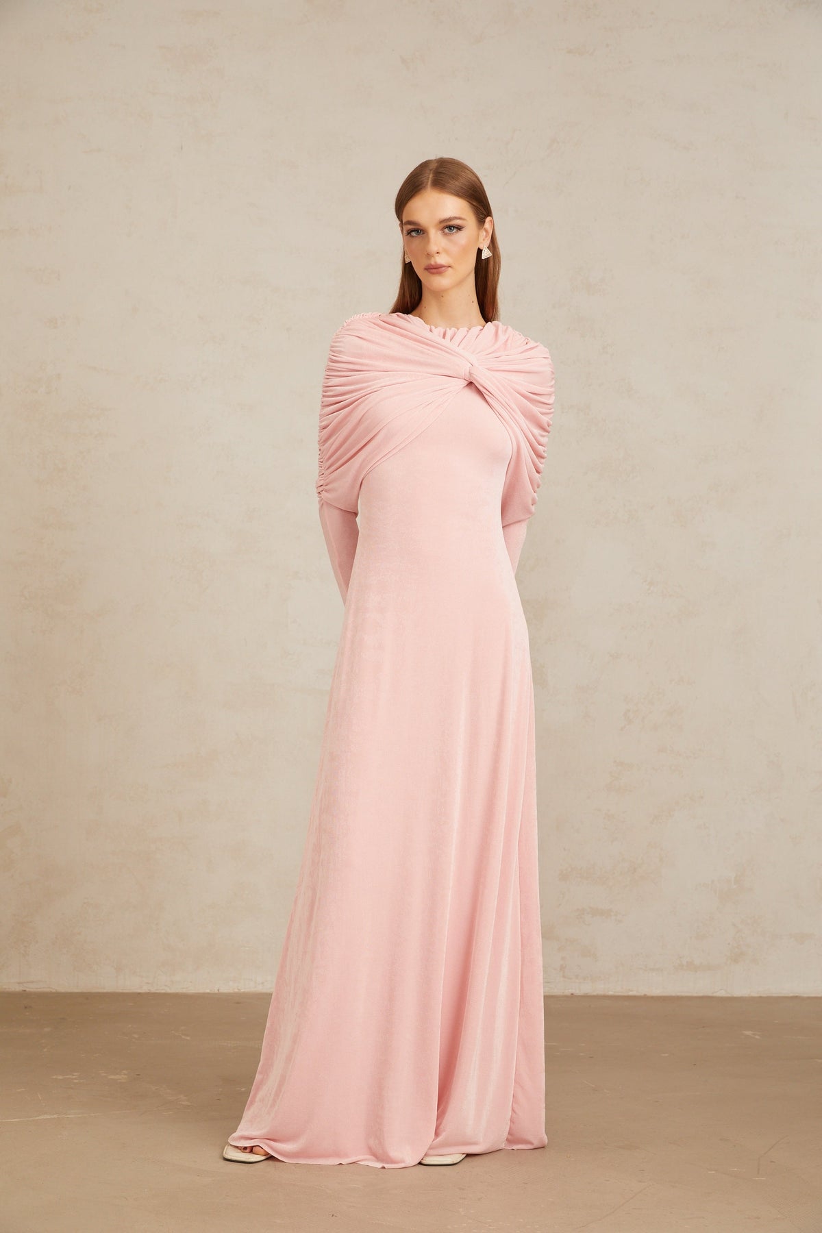 Moderne Pink Shawl Panel Ruched Maxi Dress