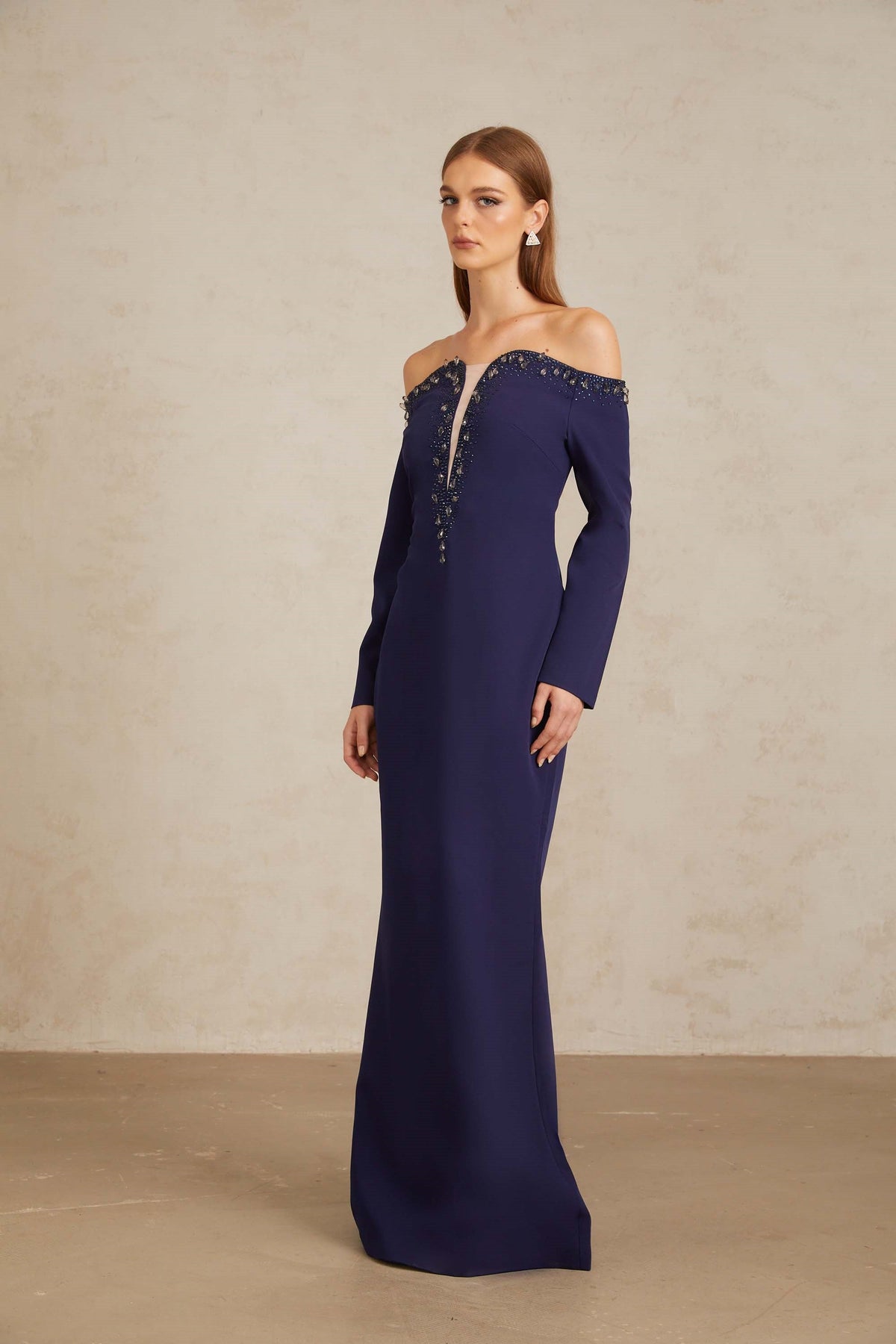 Joyanna Blue Off-Shoulder Embellished Gown