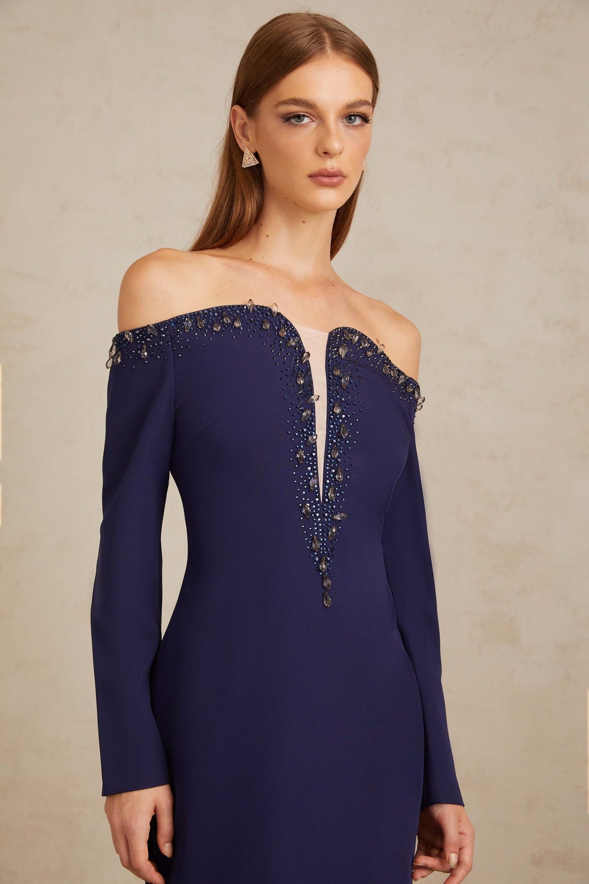 Joyanna Blue Off-Shoulder Embellished Gown