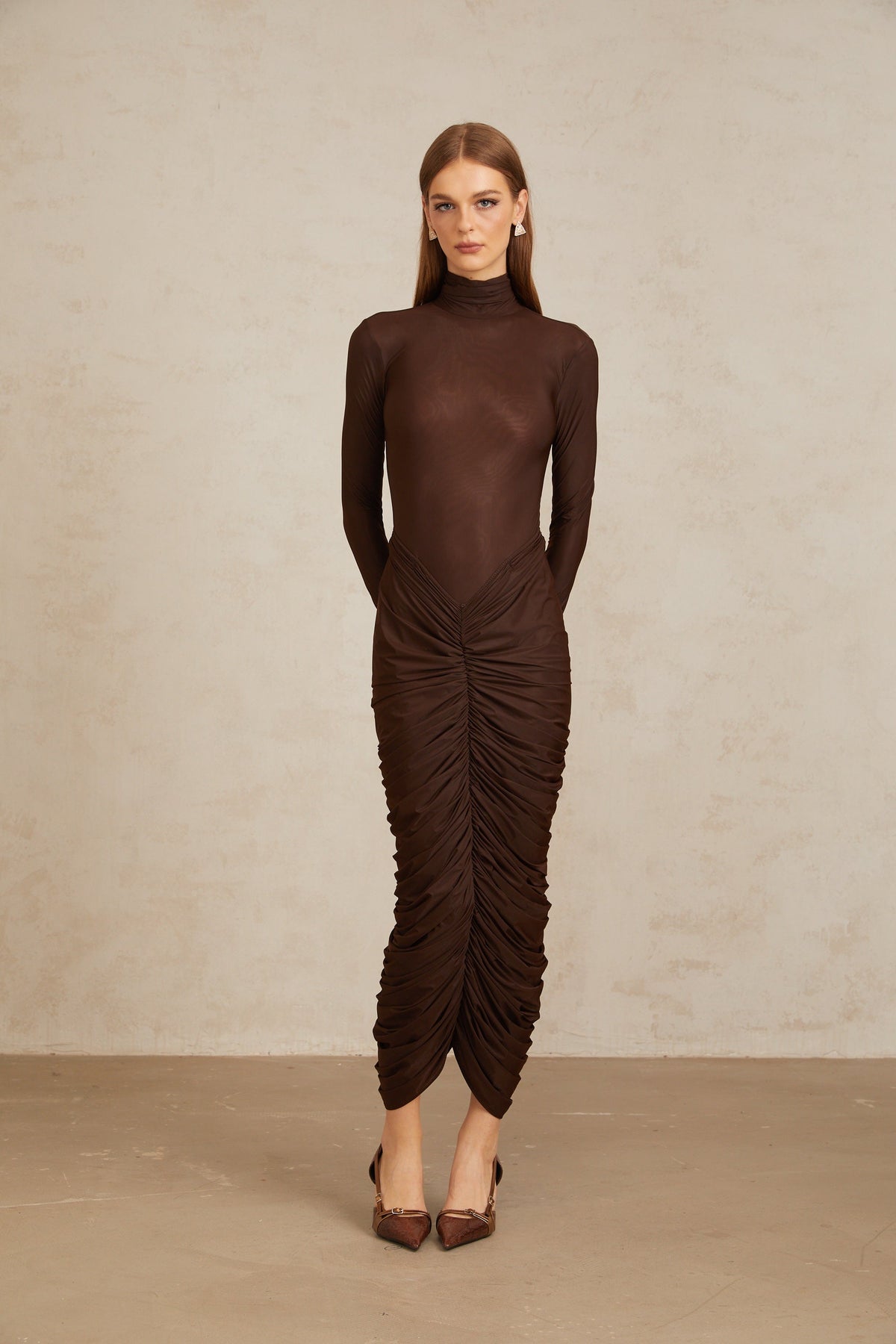 Charitina Brown Fitted Ruched Midi Dress (Final Sale-US Only)