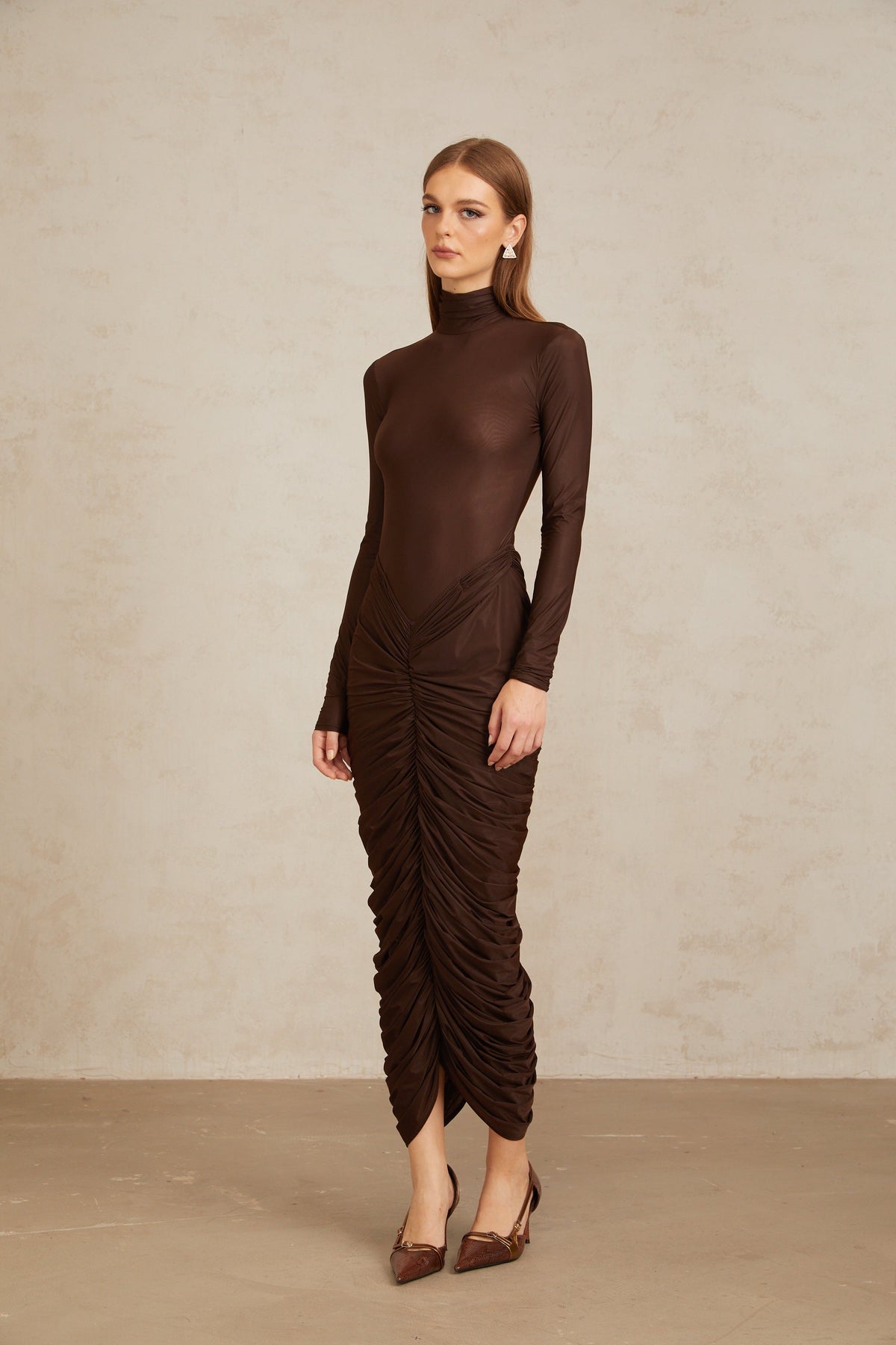 Charitina Brown Fitted Ruched Midi Dress (Final Sale-US Only)