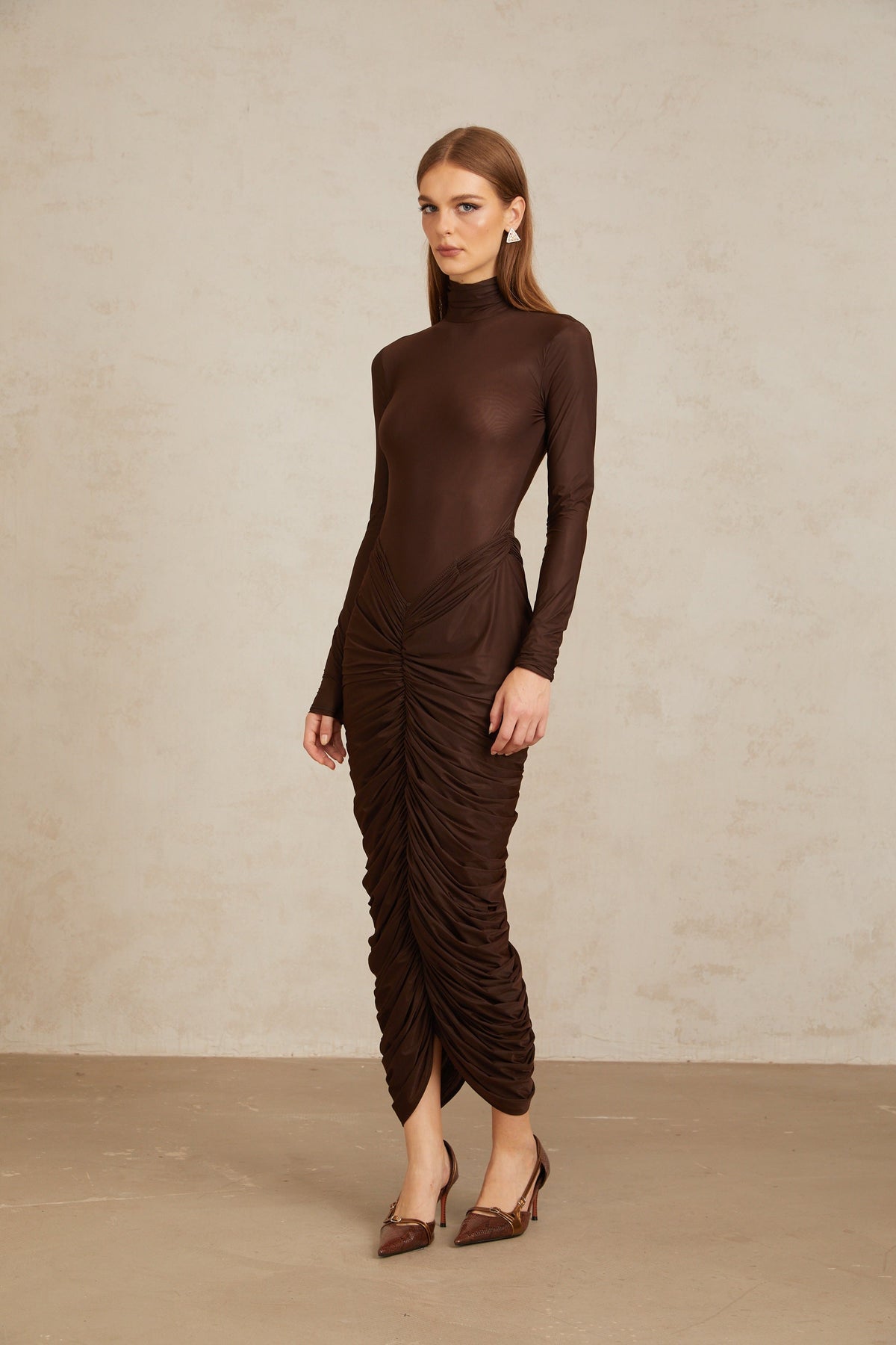 Charitina Brown Fitted Ruched Midi Dress