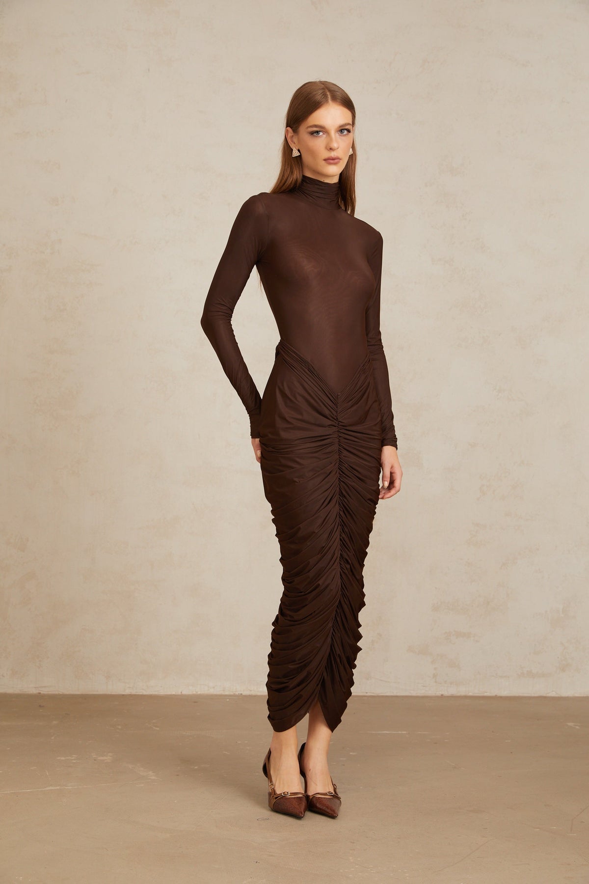 Charitina Brown Fitted Ruched Midi Dress