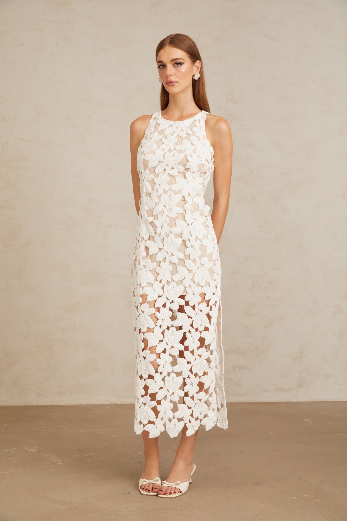 Wilhelmine White Cutout Embroidered Floral Midi Dress