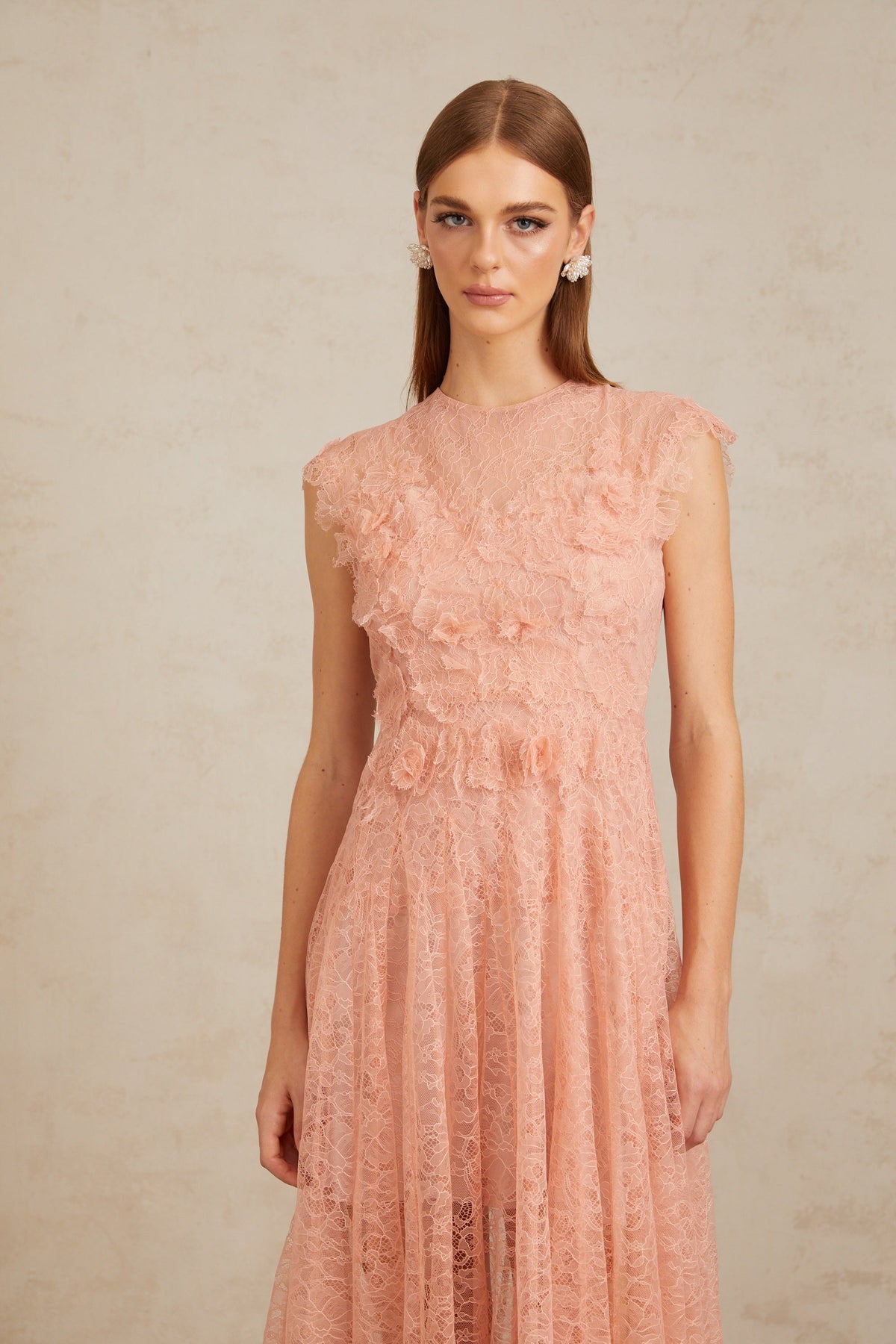 Aila Pink Shirred Guipure Lace Midi Dress (Final Sale-US Only)
