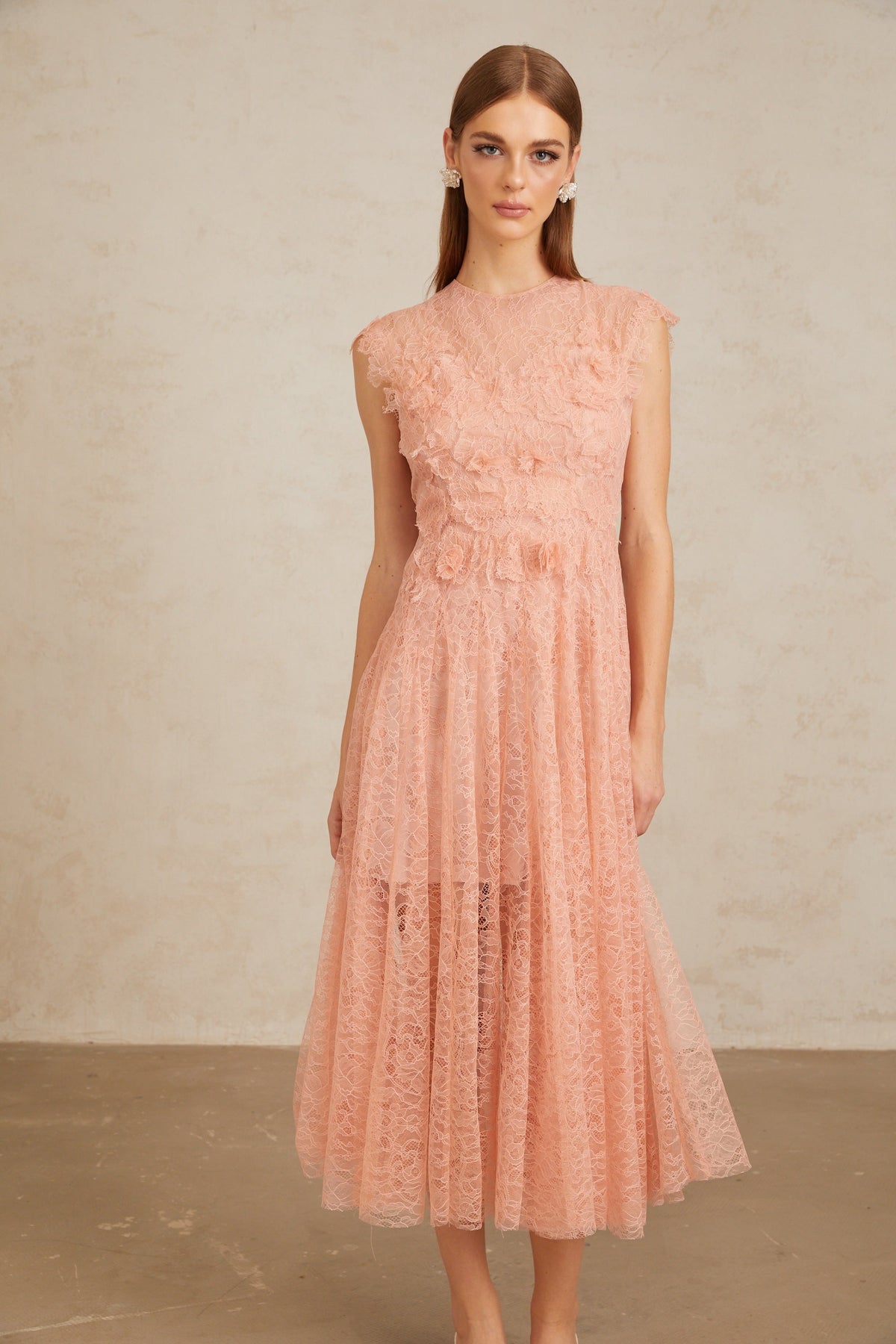 Aila Pink Shirred Guipure Lace Midi Dress (Final Sale-US Only)