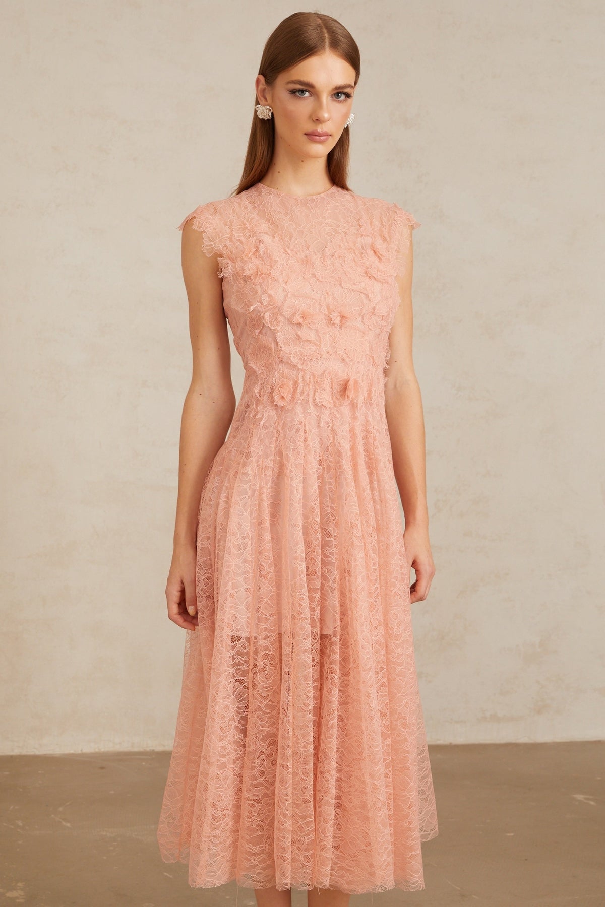 Aila Pink Shirred Guipure Lace Midi Dress (Final Sale-US Only)
