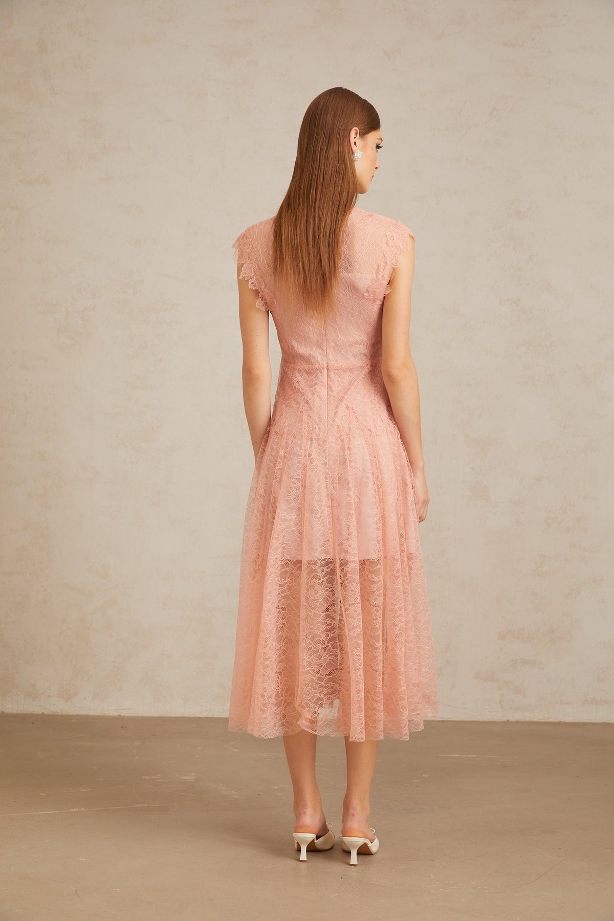 Aila Pink Shirred Guipure Lace Midi Dress (Final Sale-US Only)