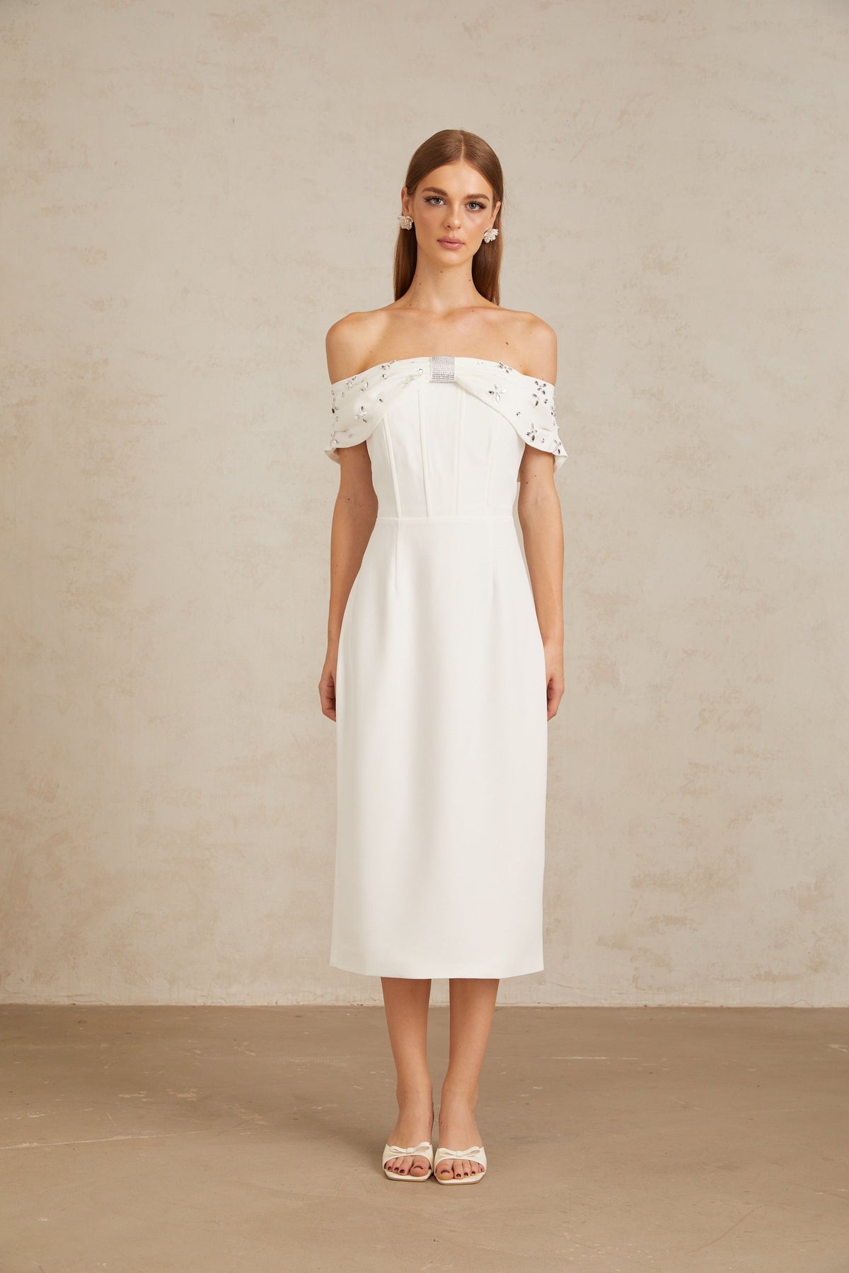 Elli White Off-Shoulder Embellished Midi Dress