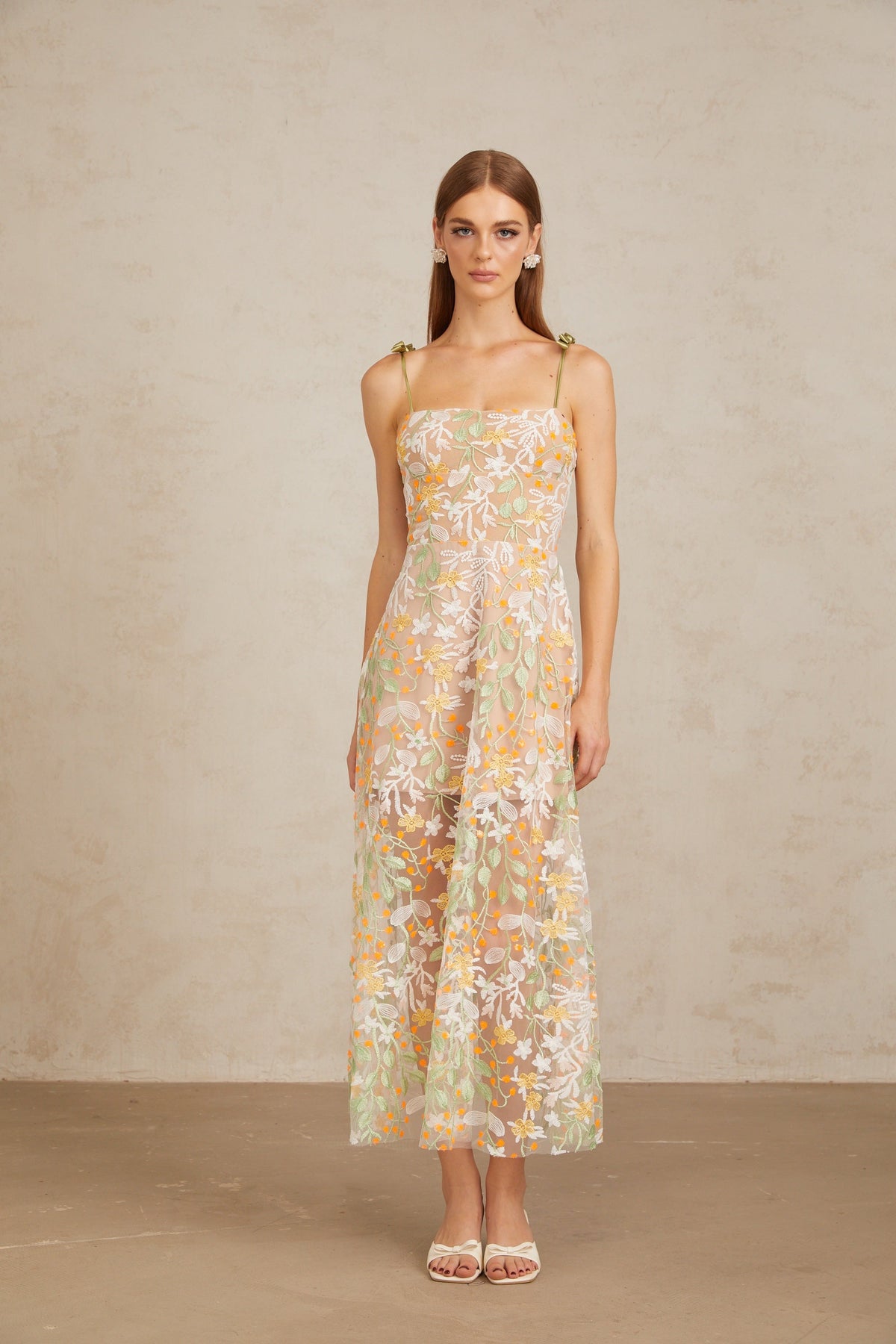 Bérénice Neutral Floral Embroidered Flare Maxi Dress (Final Sale-US Only)
