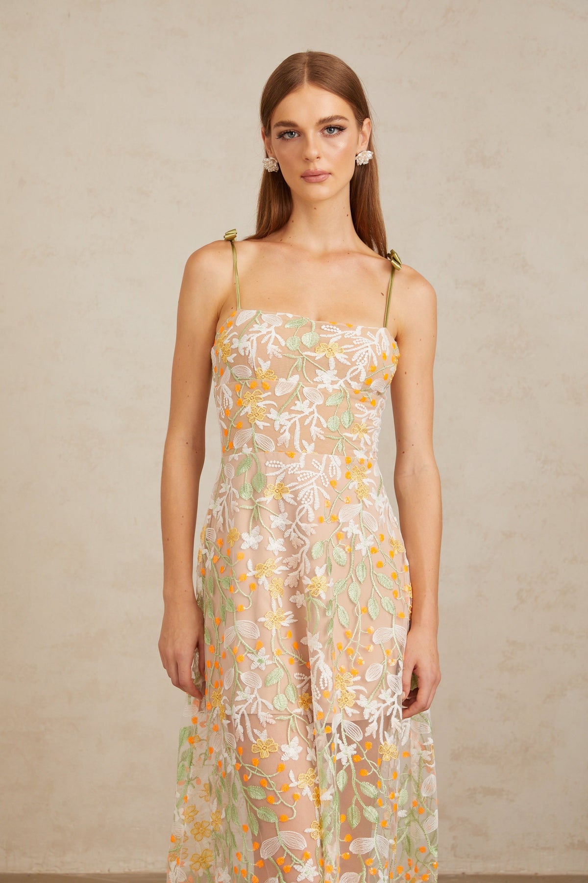 Bérénice Neutral Floral Embroidered Flare Maxi Dress