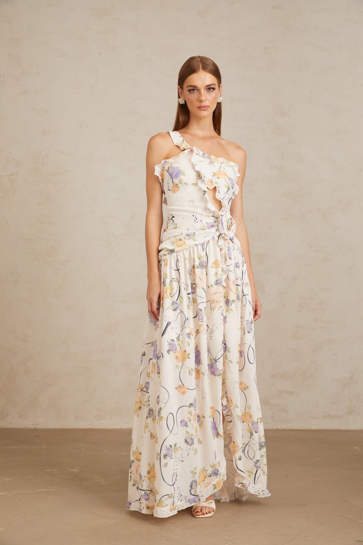 Noémie Neutral Floral Ruffled Trim Maxi Dress (Final Sale)