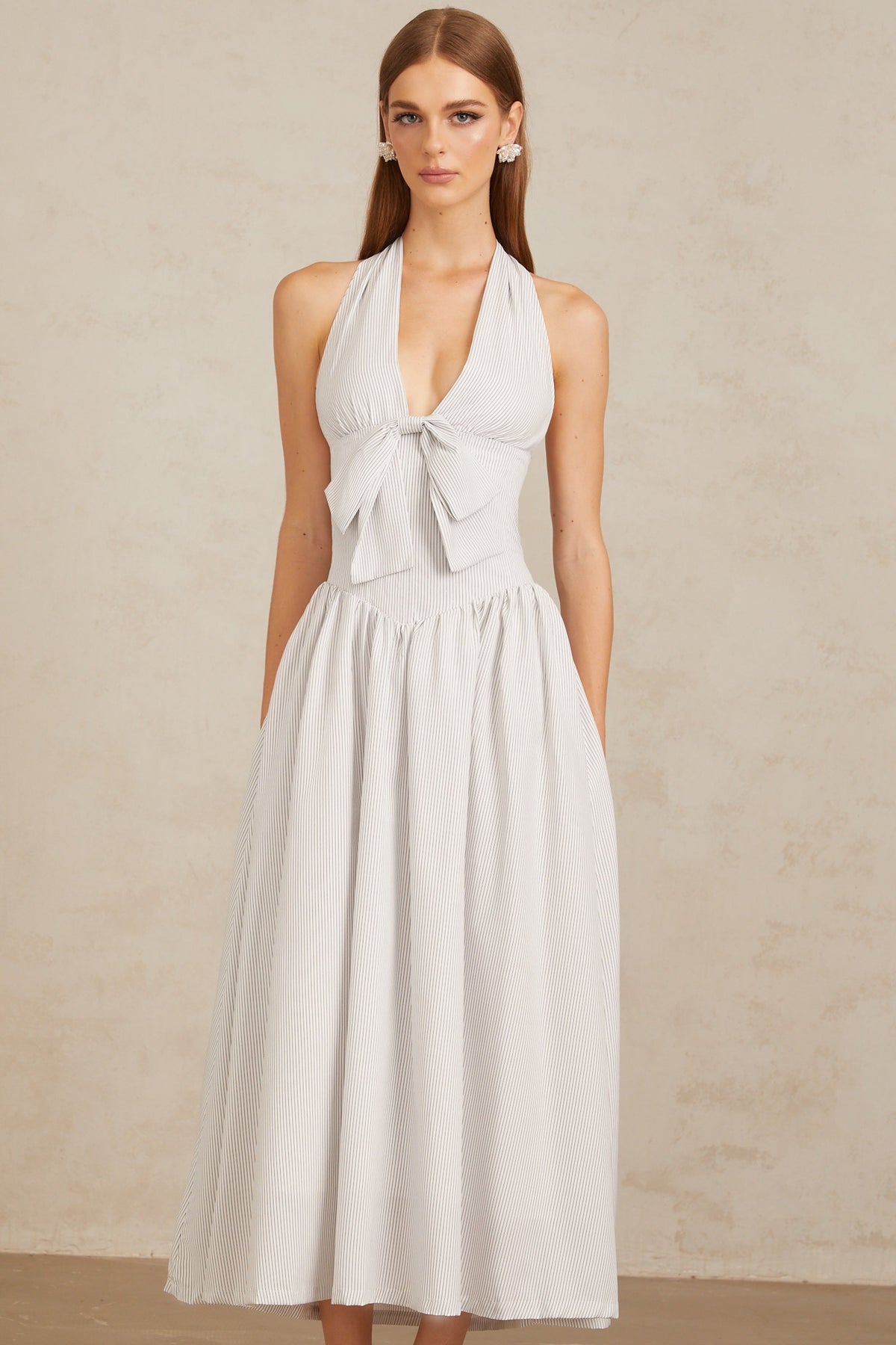 Inkeri White Stripe Pattern Halterneck Midi Dress