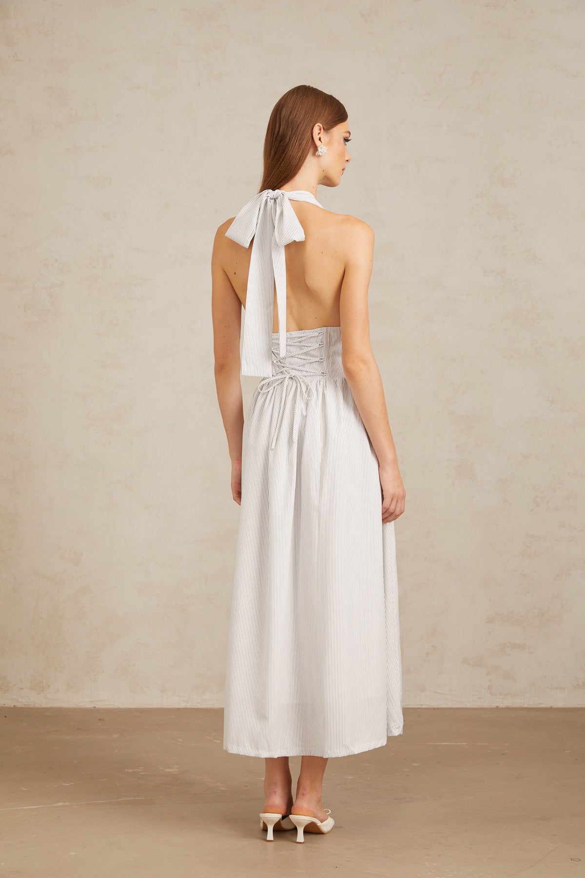 Inkeri White Stripe Pattern Halterneck Midi Dress