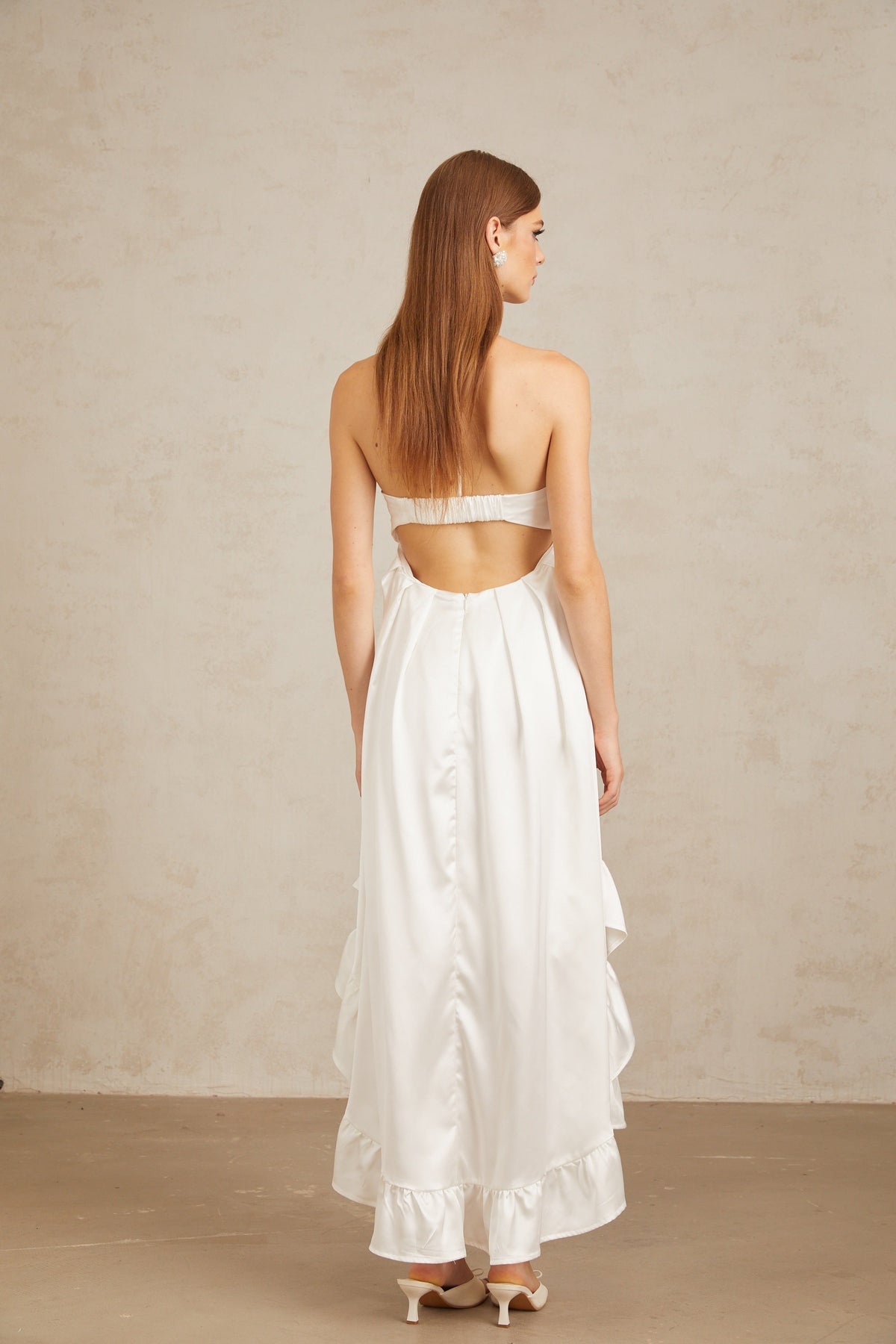 Nocturne White Ruffled Satin Midi Dress