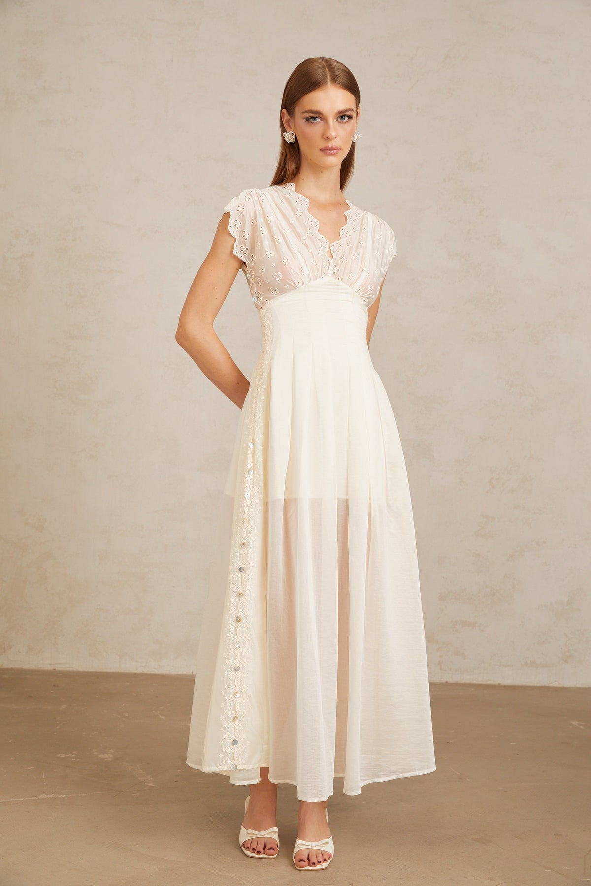Lumière White Embroidered Shirred Maxi Dress (Final Sale-US Only)