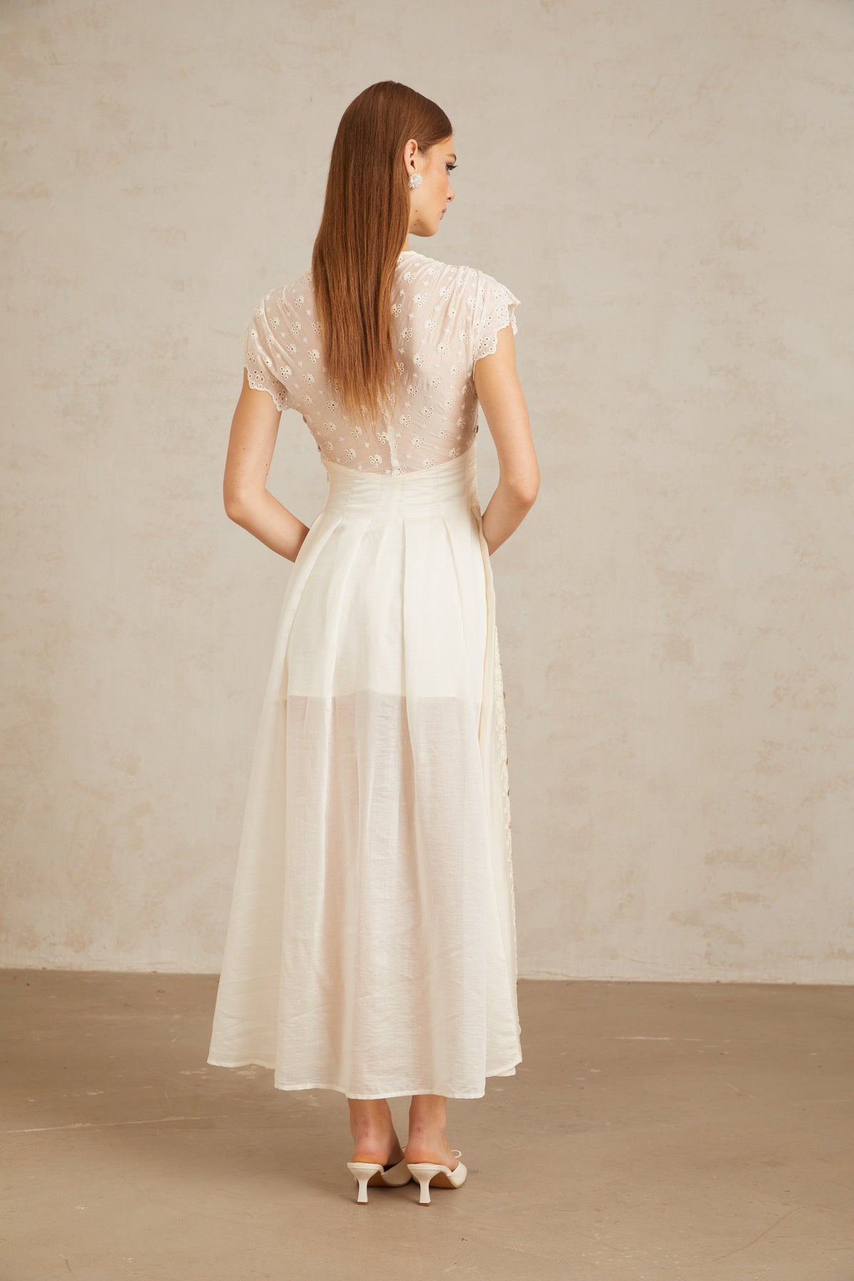 Lumière White Embroidered Shirred Maxi Dress