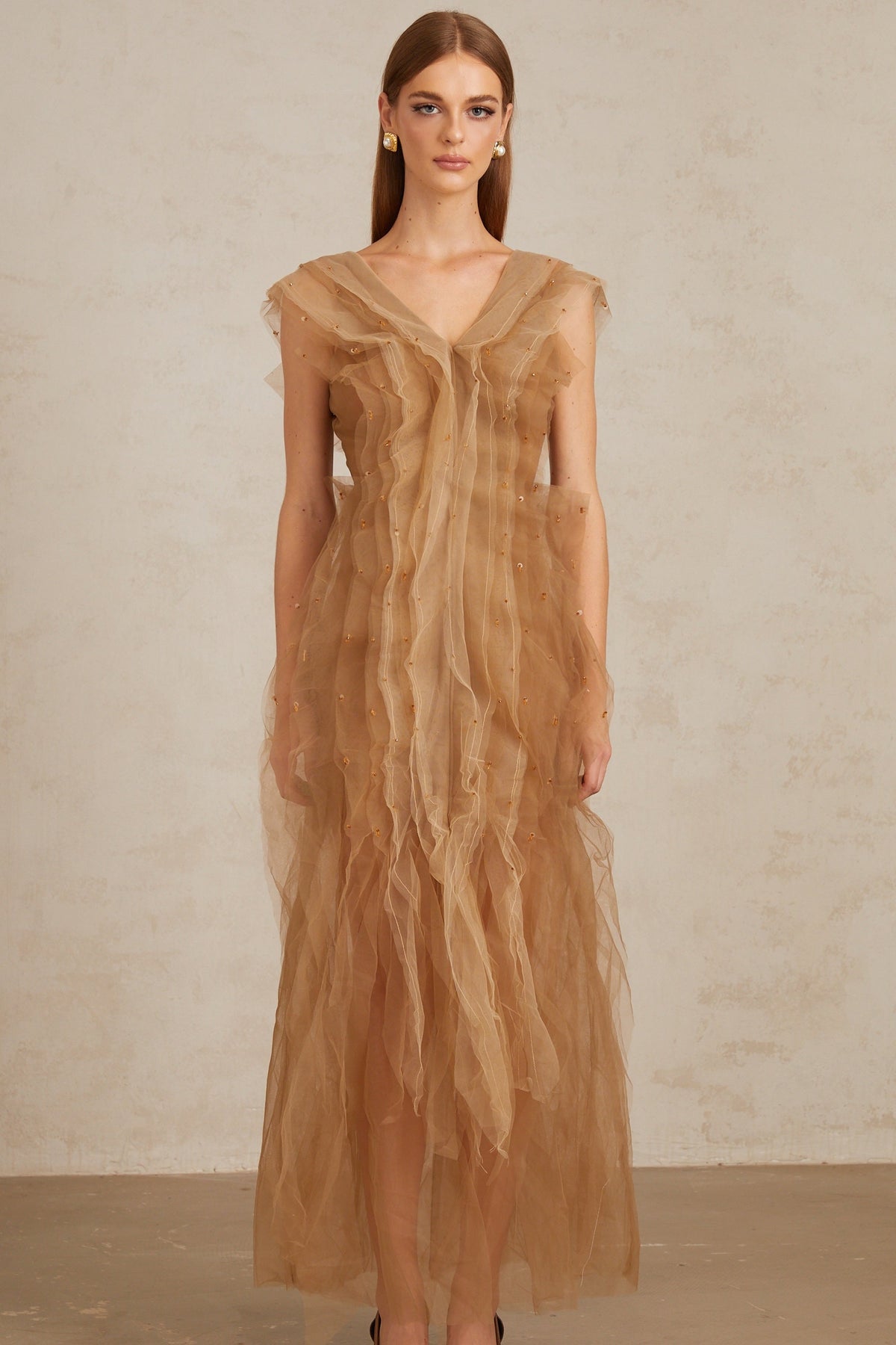 Céleste Brown Layered Tulle Maxi Gown (Final Sale-US Only)