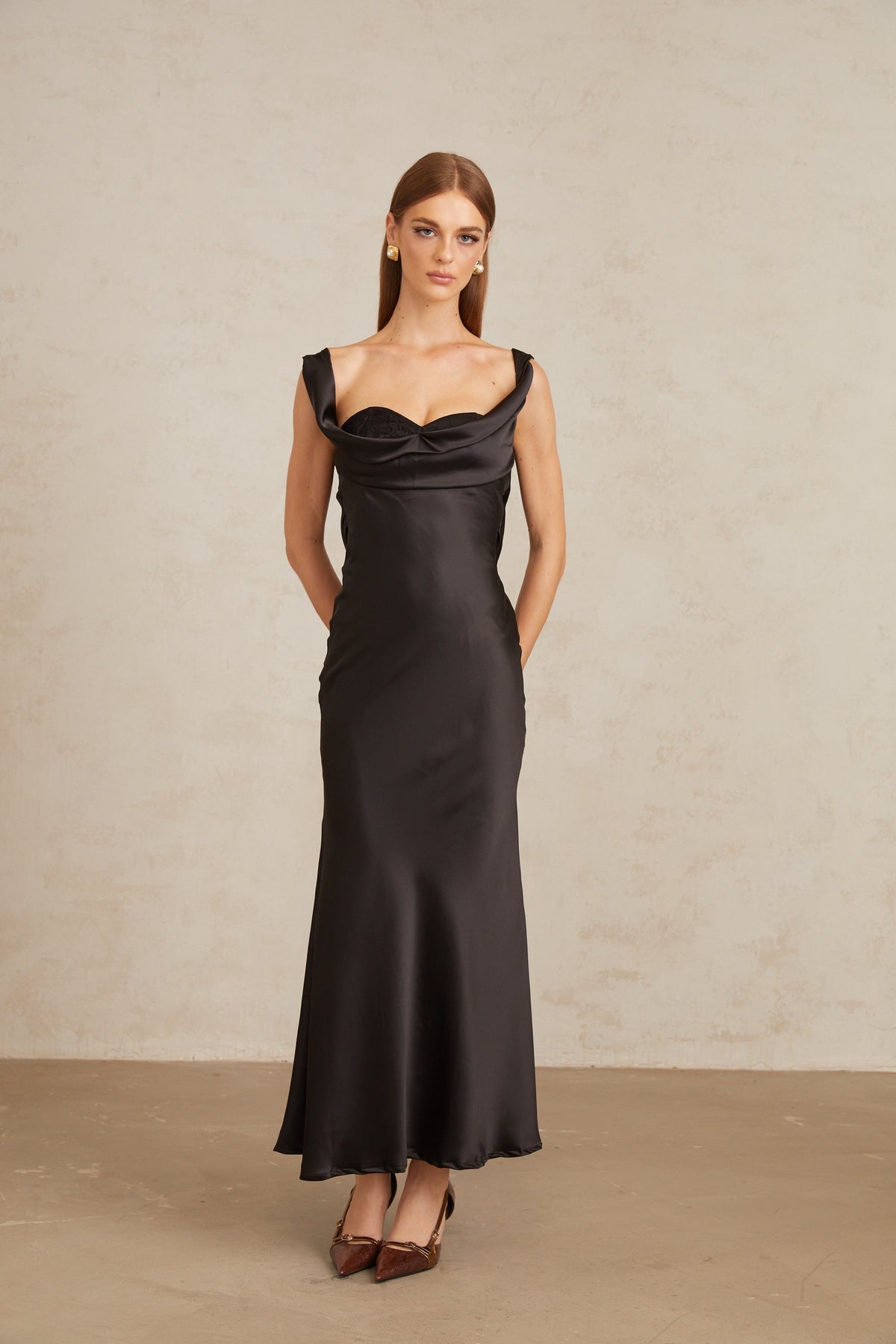 Ulla Black Corset Satin Maxi Dress
