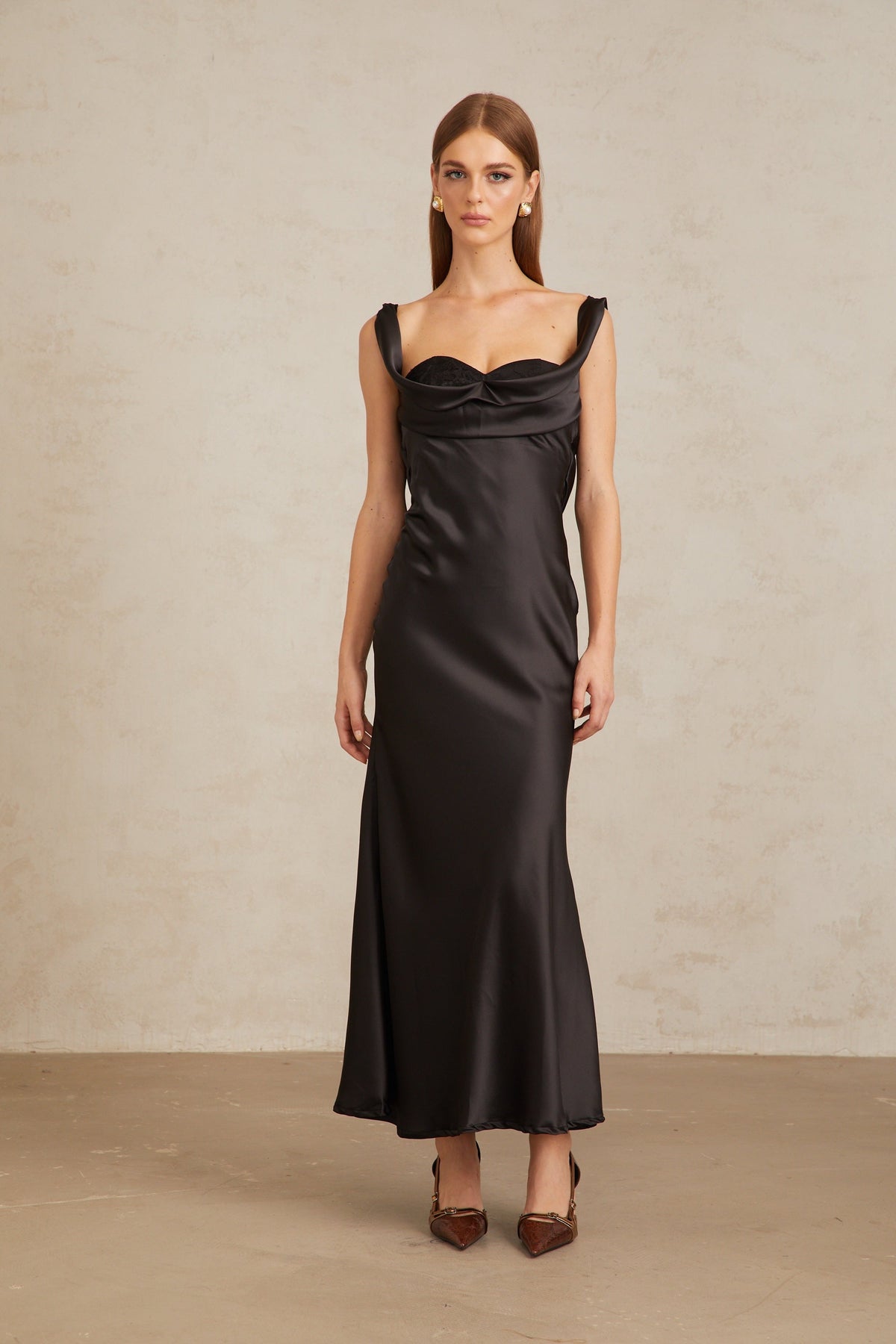 Ulla Black Corset Satin Maxi Dress