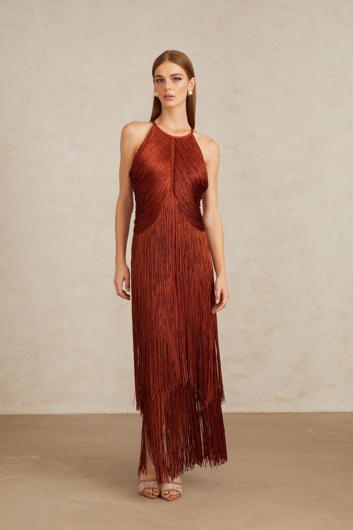 Mélisande Rusty Red Halterneck Fringed Maxi Gown