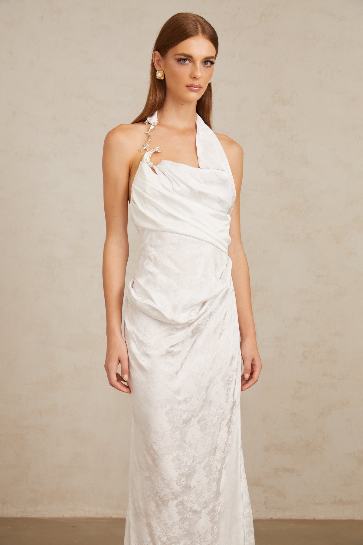 Marie White Ruched Jacquard Floral Maxi Dress