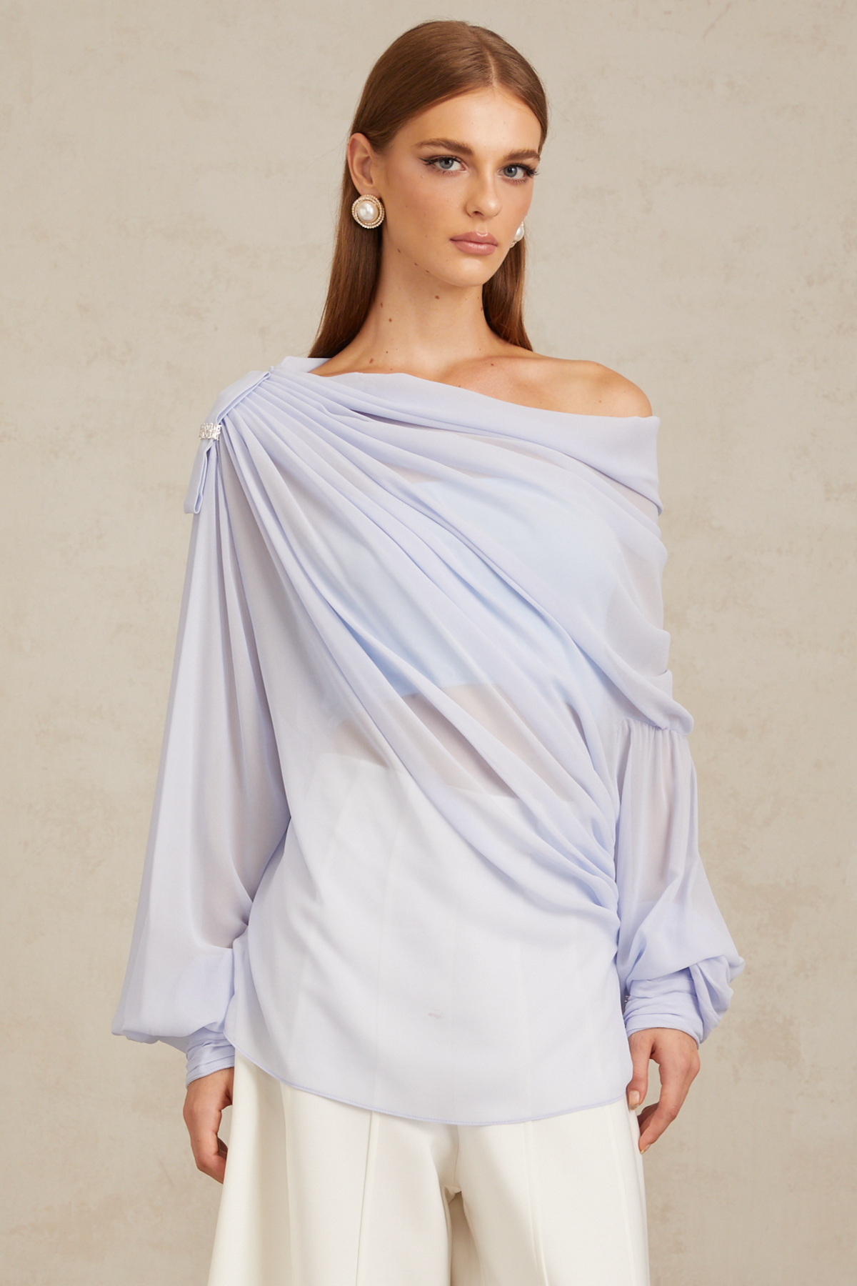 Léonie Blue Crystal Embellished Bowknot Chiffon Blouse