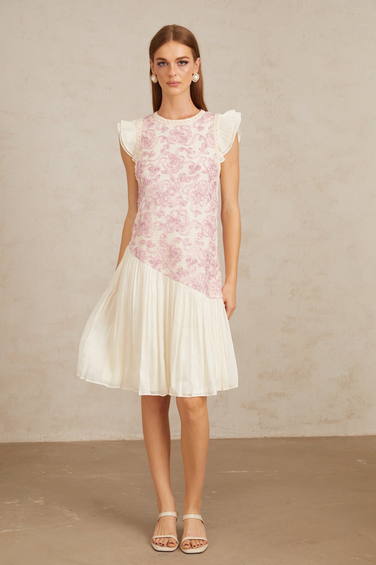 Charitina Pink Panel Floral Crochet Midi Dress