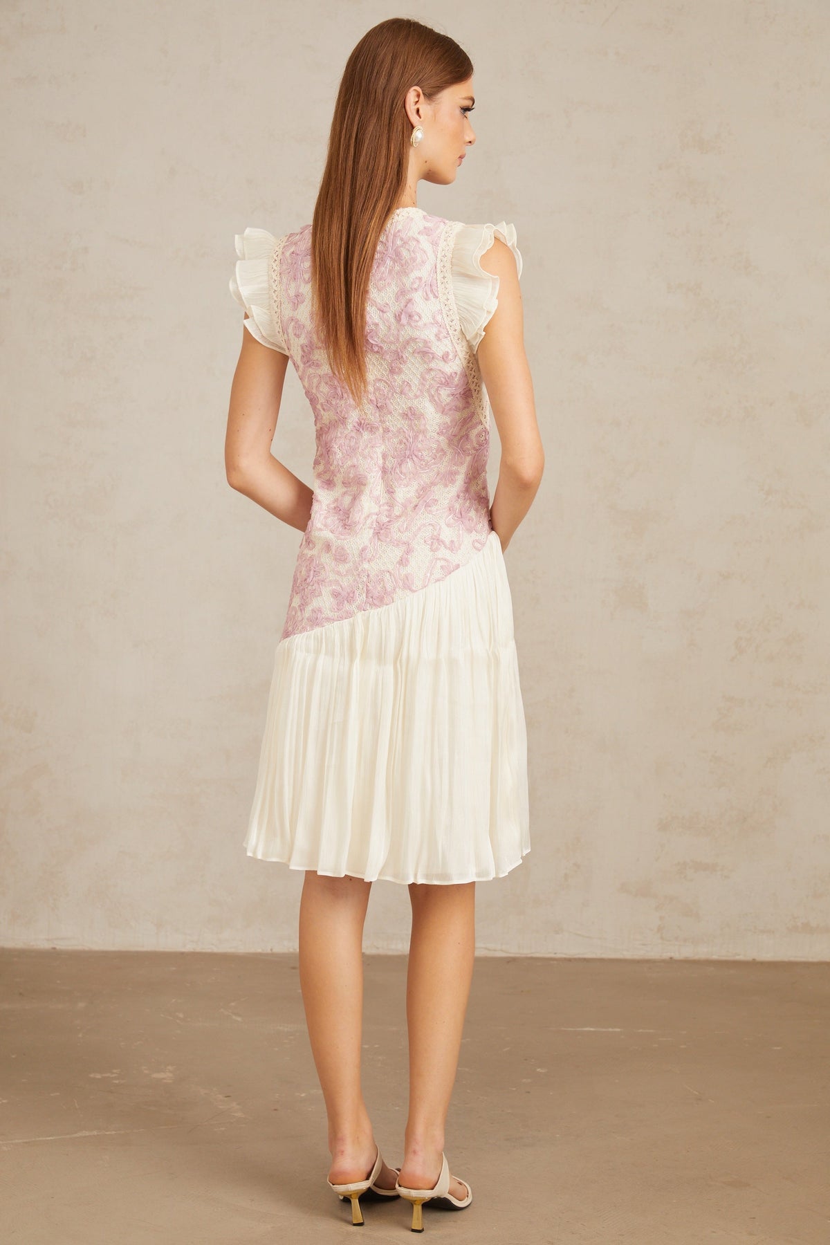 Charitina Pink Panel Floral Crochet Midi Dress