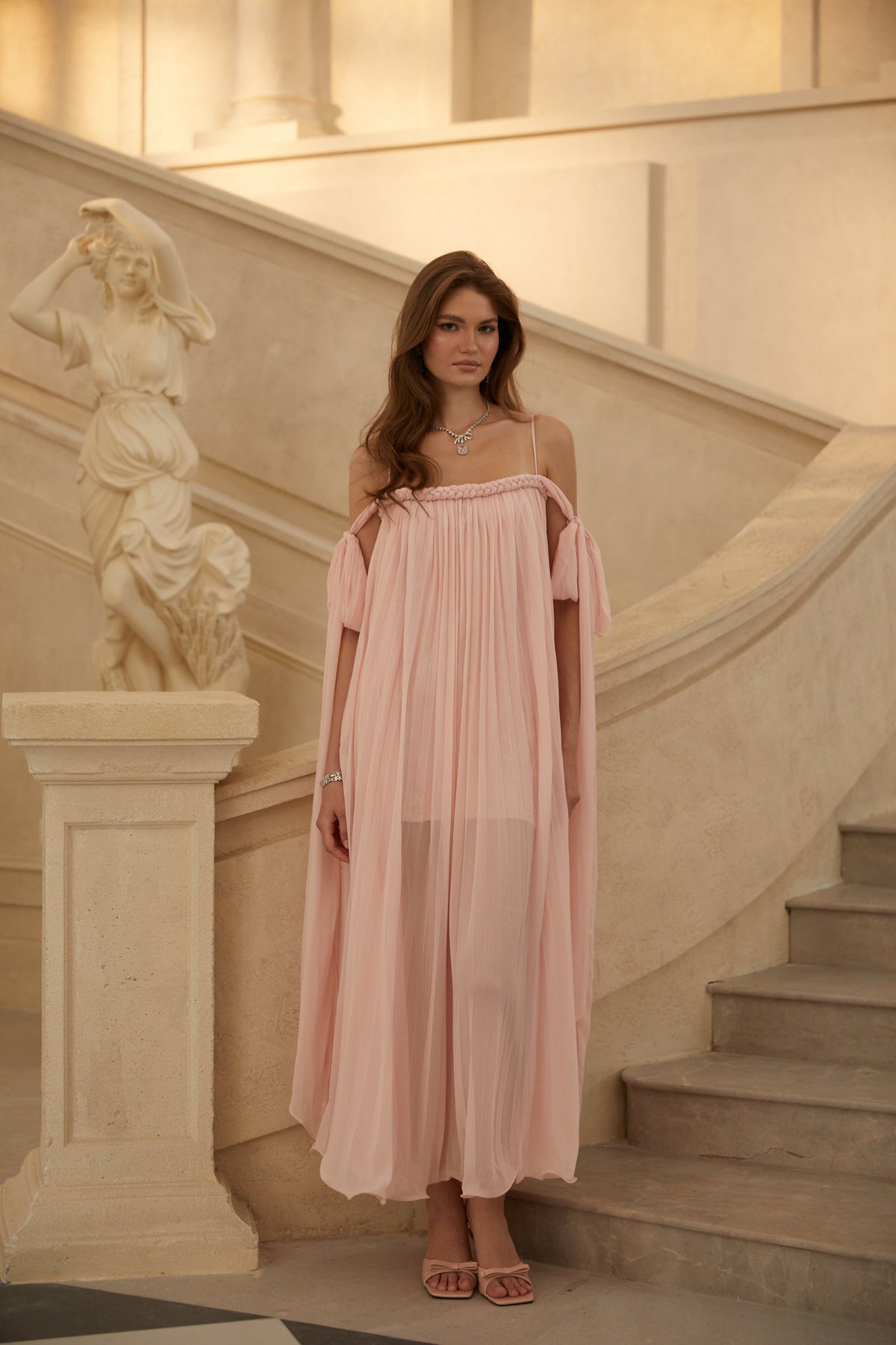 Agathe Pink Braid Detail Pleated Maxi Dress (Final Sale-US Only)