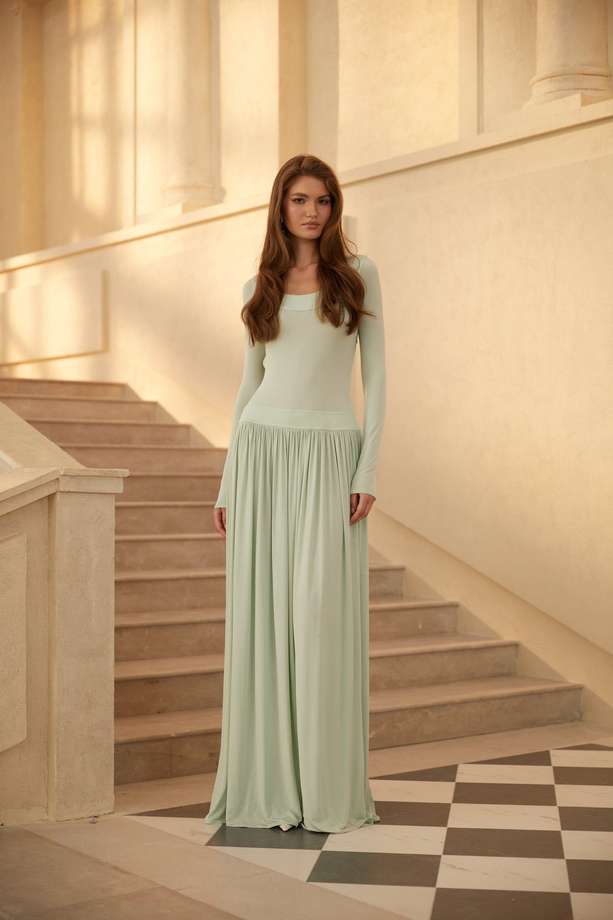 Campagne Green Open-Back Shirred Maxi Dress