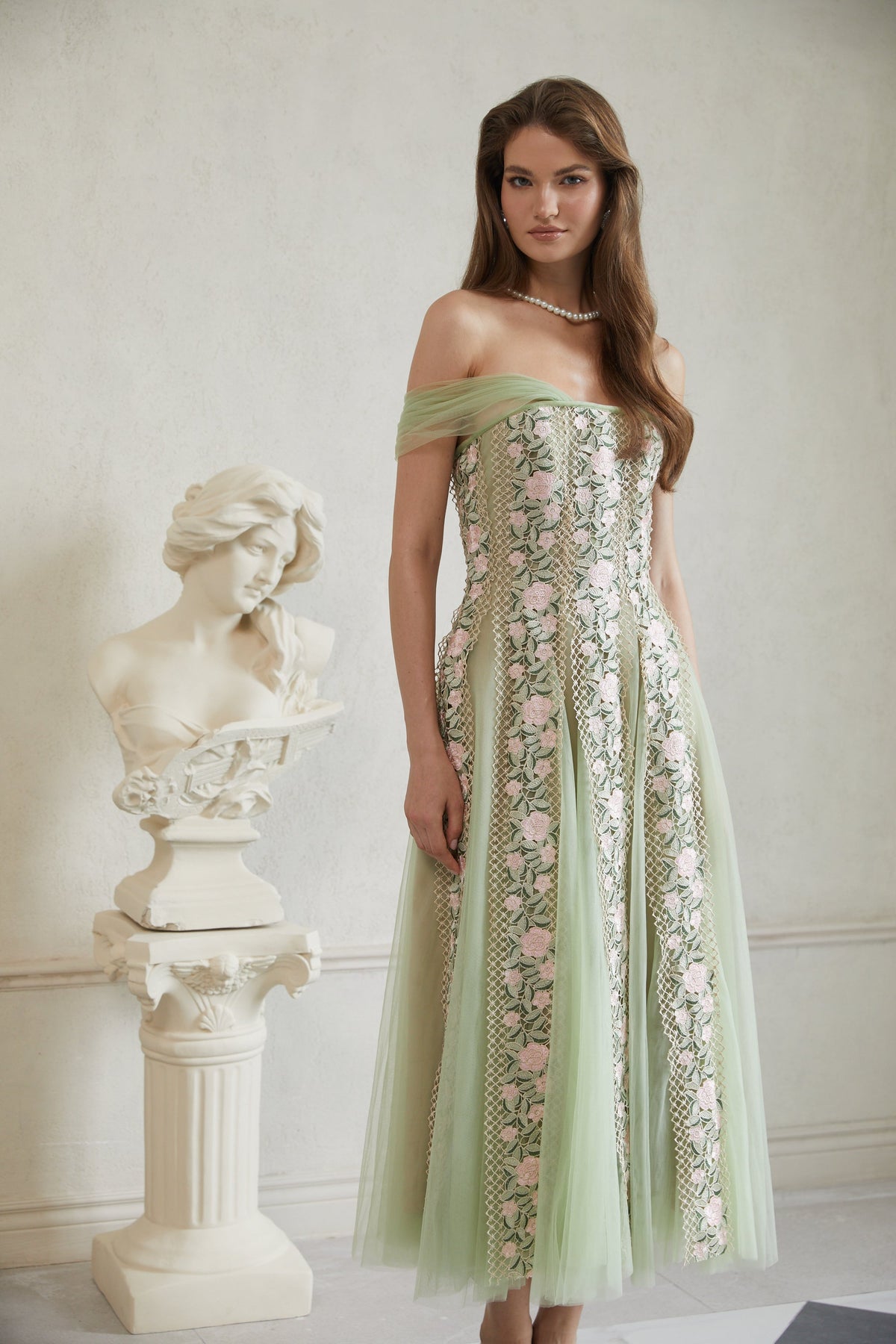 Eleni Green Tulle Panel Floral Midi Dress