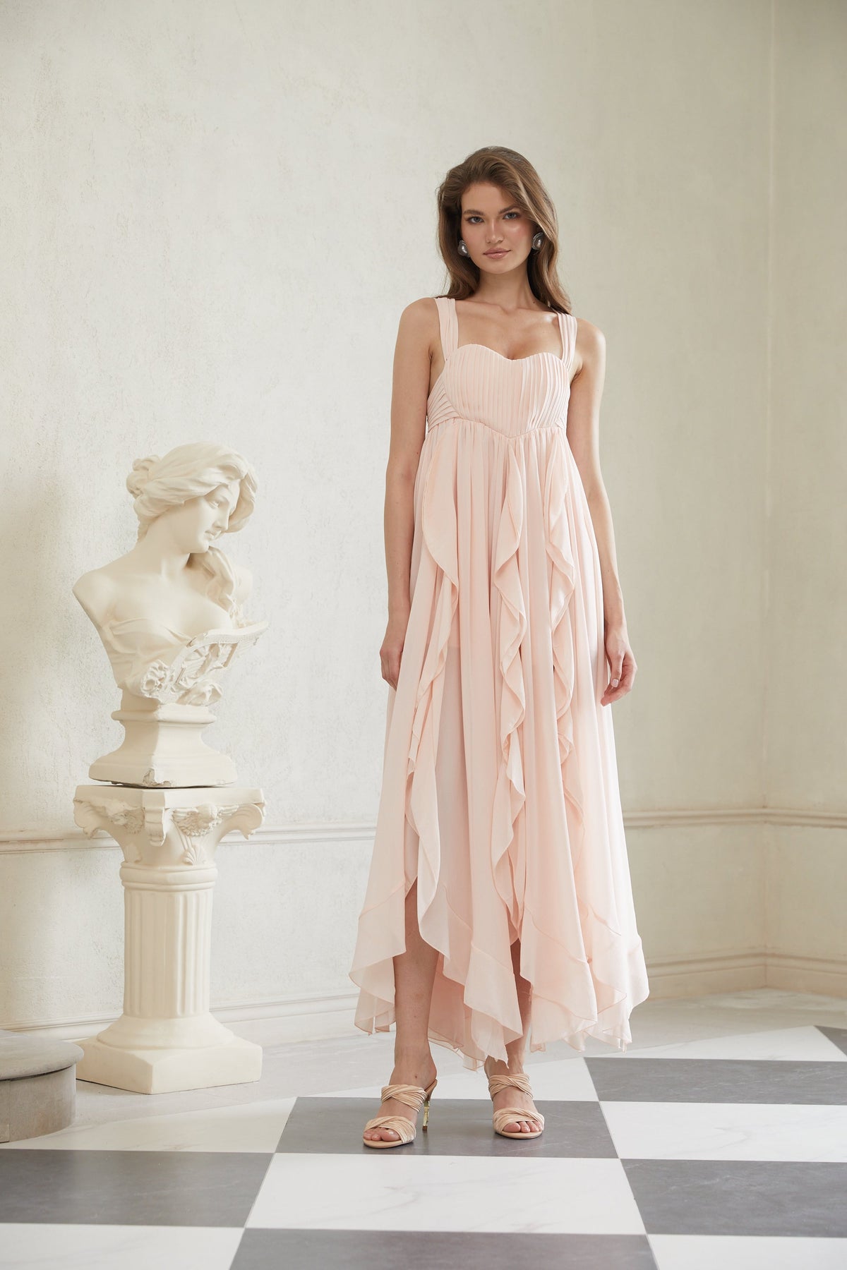Eos Pink Ruffled Chiffon Maxi Dress