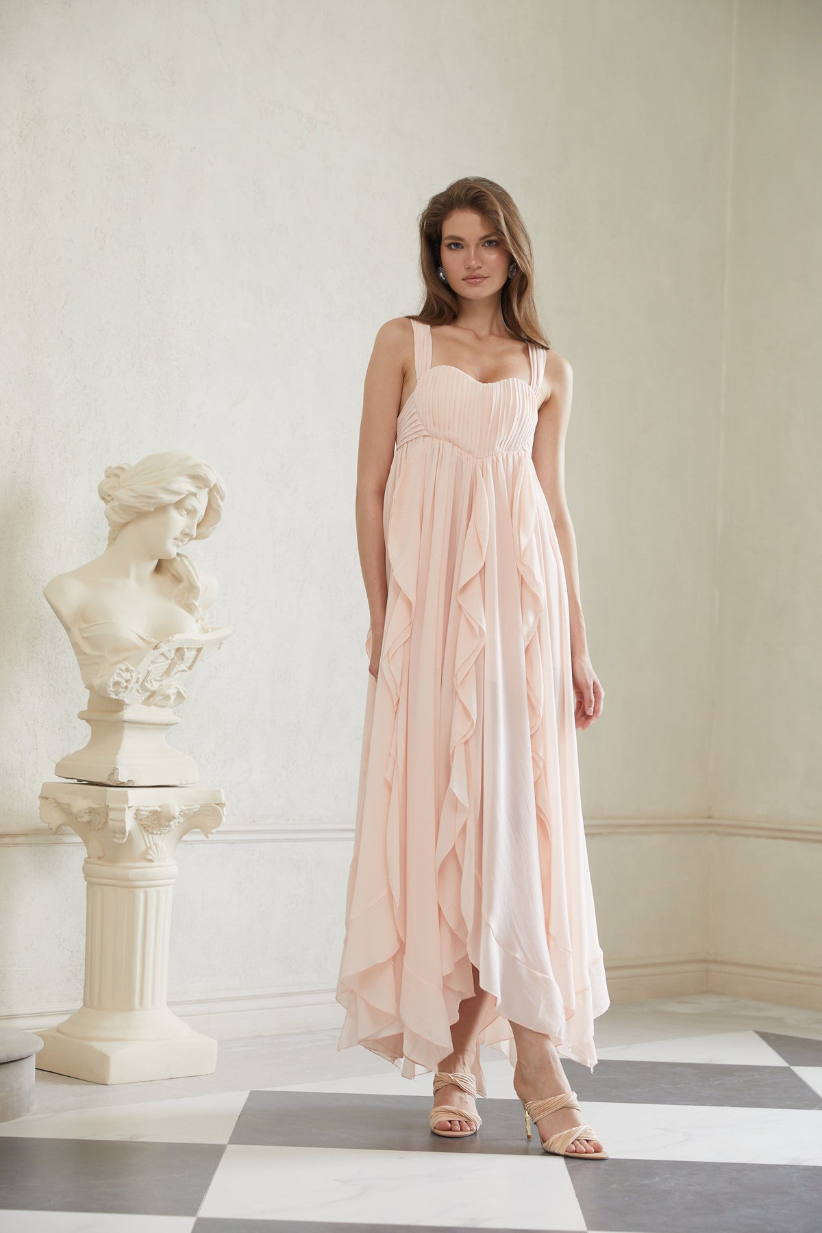 Eos Pink Ruffled Chiffon Maxi Dress